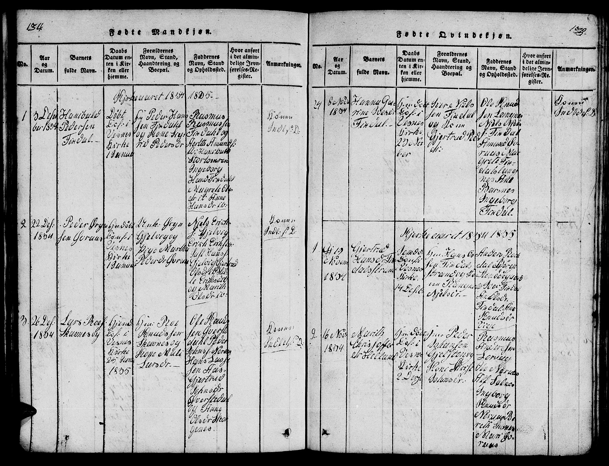 Ministerialprotokoller, klokkerbøker og fødselsregistre - Møre og Romsdal, SAT/A-1454/539/L0535: Klokkerbok nr. 539C01, 1818-1842, s. 134-135