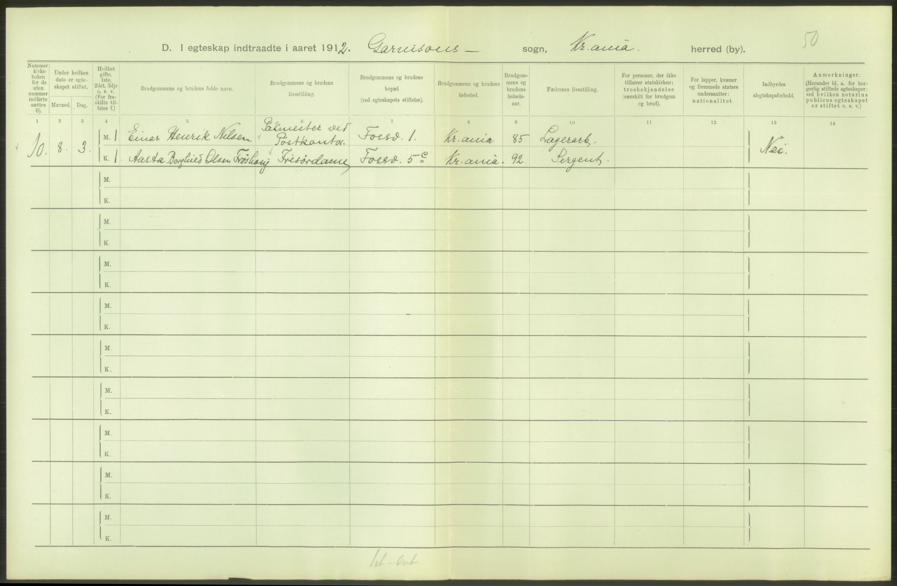 Statistisk sentralbyrå, Sosiodemografiske emner, Befolkning, AV/RA-S-2228/D/Df/Dfb/Dfbb/L0008: Kristiania: Gifte, 1912, s. 24