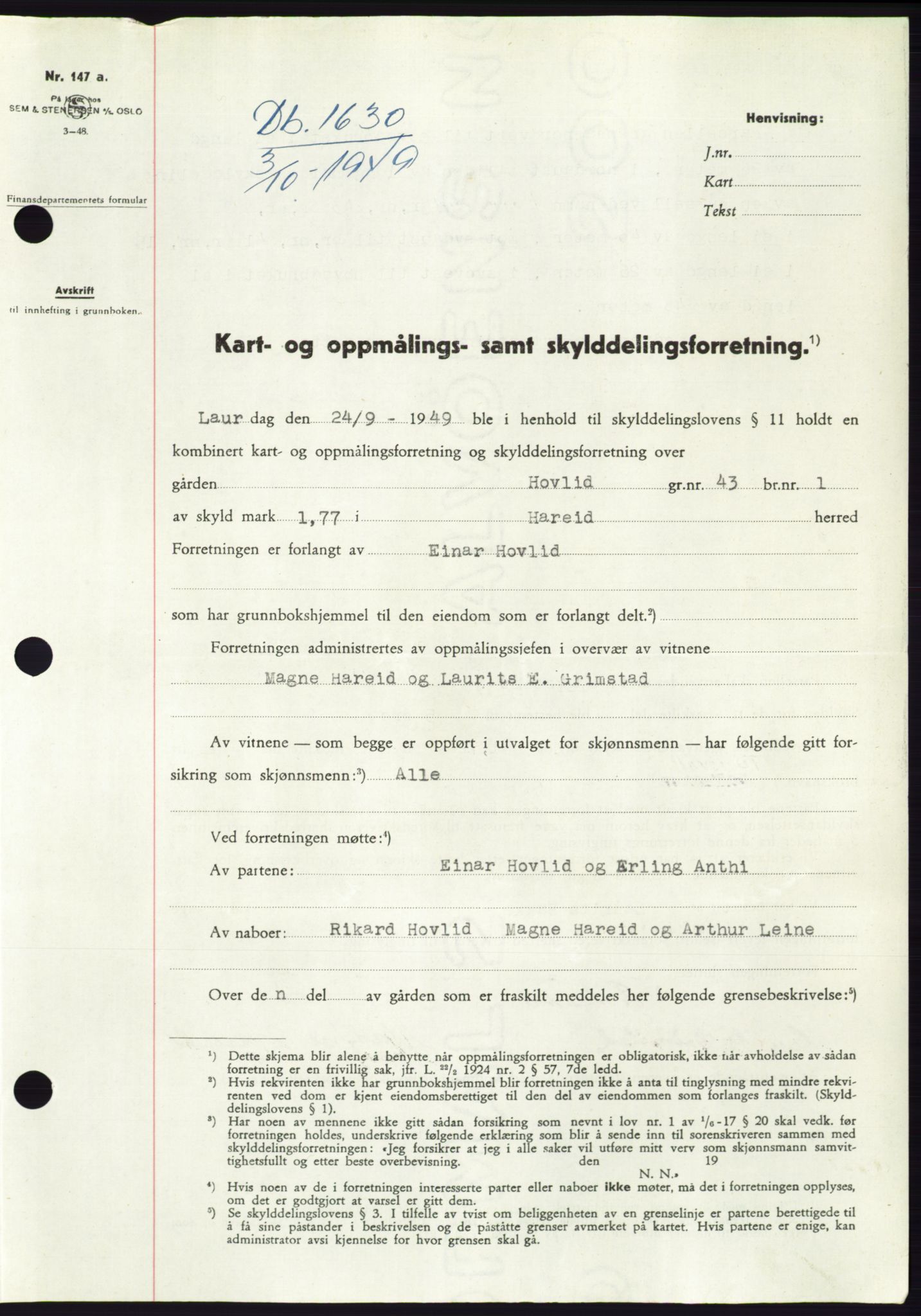 Søre Sunnmøre sorenskriveri, SAT/A-4122/1/2/2C/L0085: Pantebok nr. 11A, 1949-1949, Dagboknr: 1630/1949