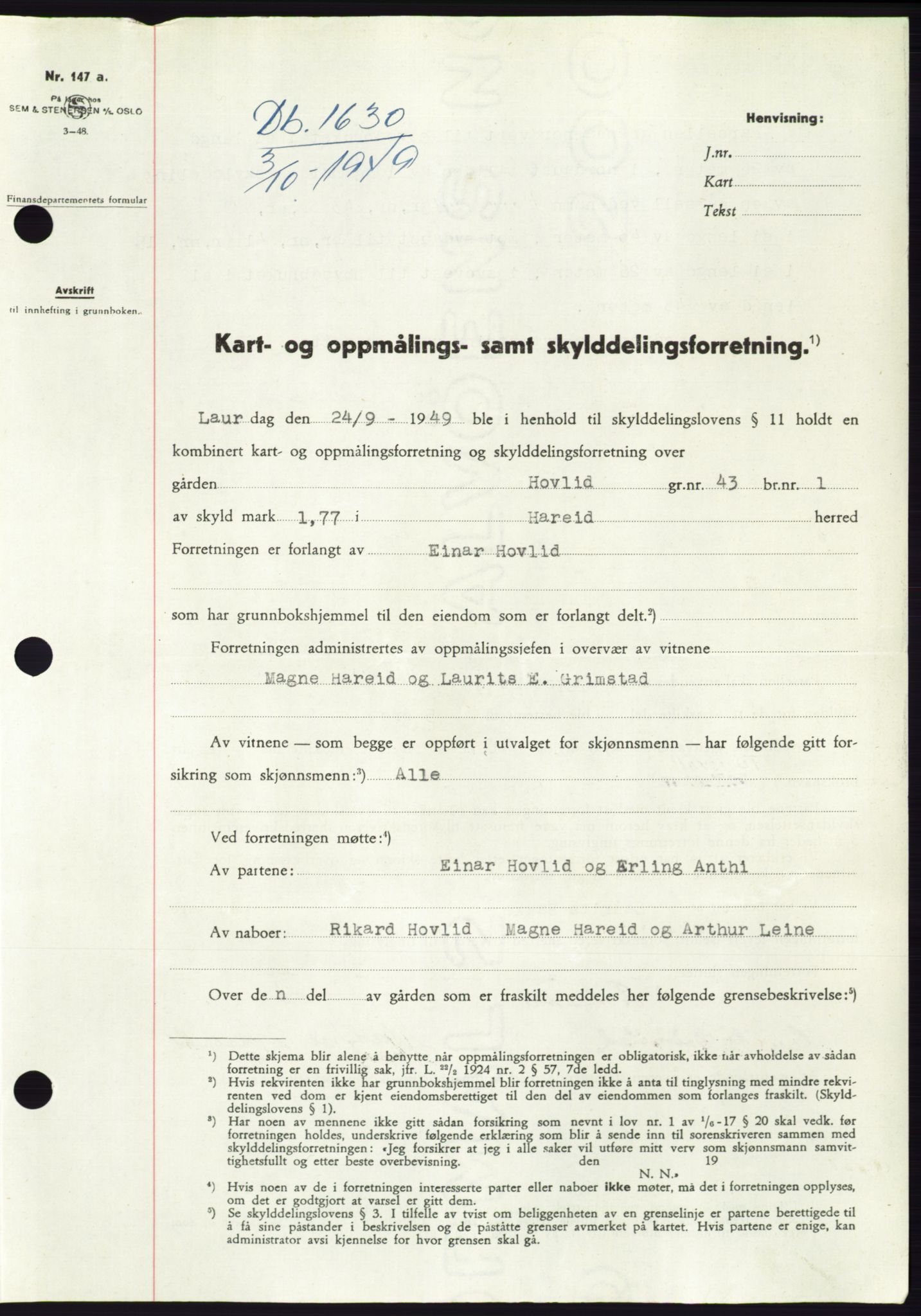 Søre Sunnmøre sorenskriveri, AV/SAT-A-4122/1/2/2C/L0085: Pantebok nr. 11A, 1949-1949, Dagboknr: 1630/1949