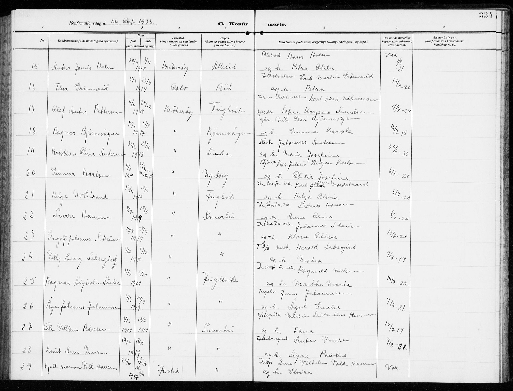 Kråkerøy prestekontor Kirkebøker, AV/SAO-A-10912/G/Ga/L0001: Klokkerbok nr. 1, 1908-1944, s. 334