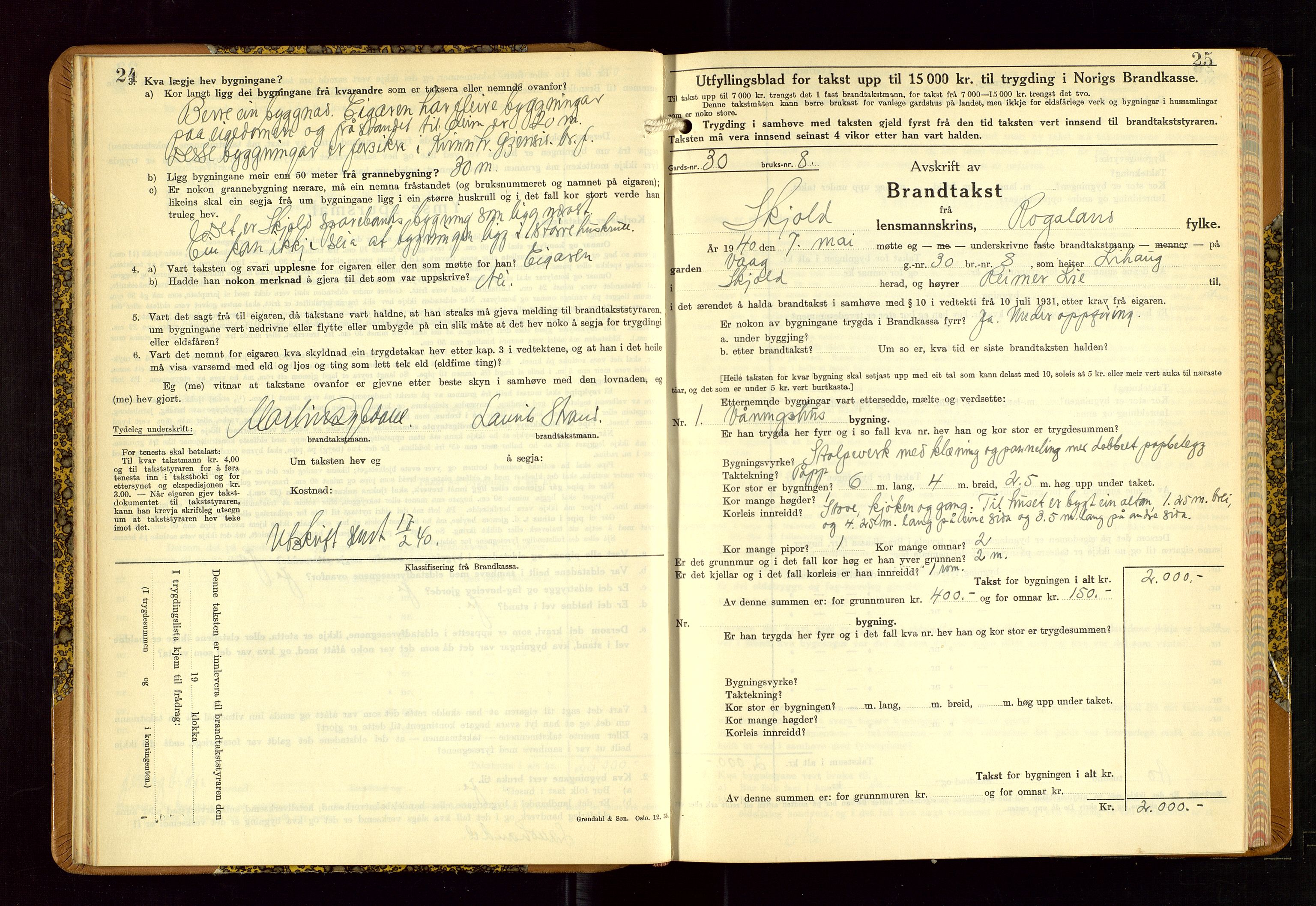 Skjold lensmannskontor, SAST/A-100182/Gob/L0002: "Branntakstbok for Skjold lensmannskrins Rogaland fylke", 1939-1952, s. 24-25