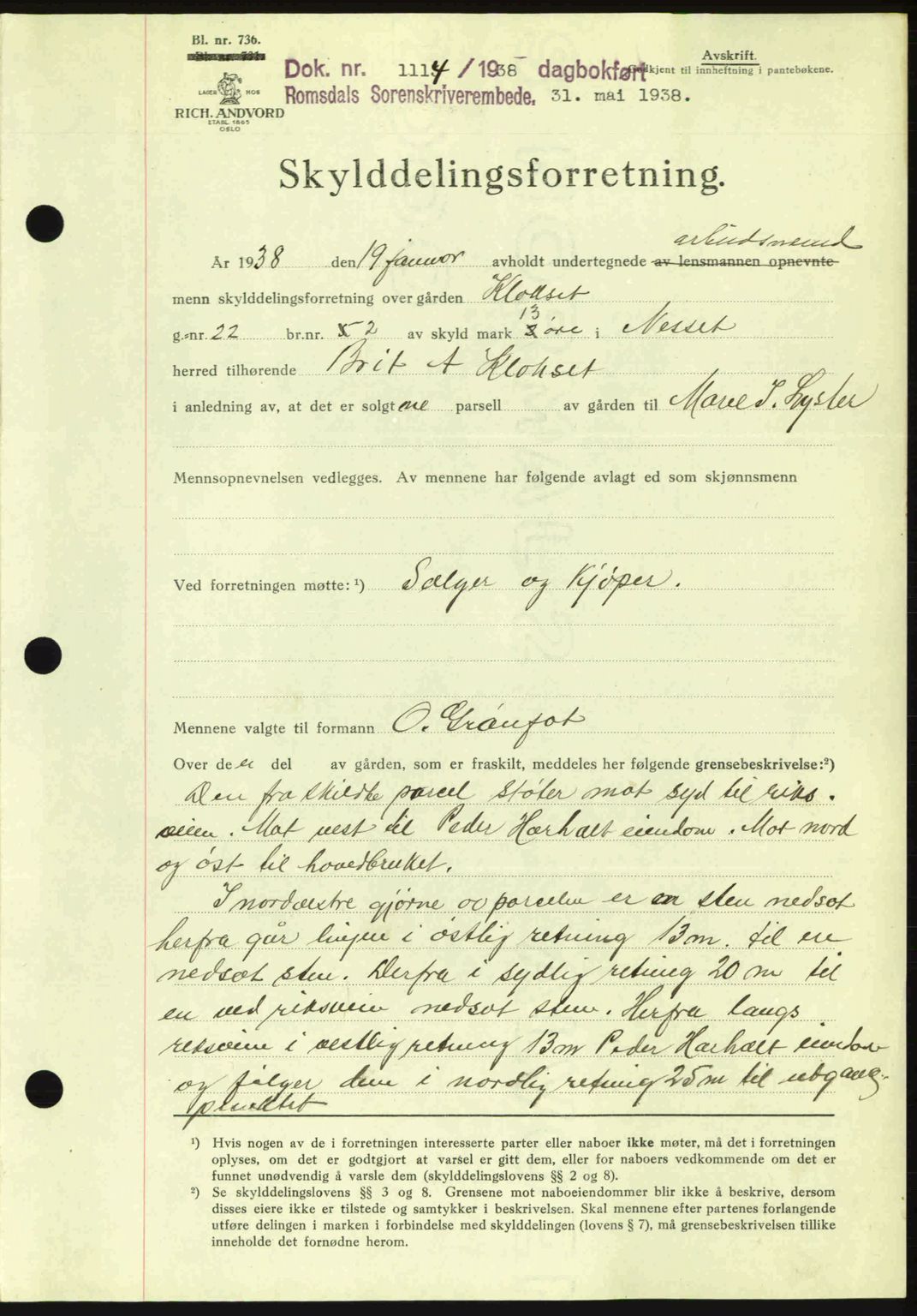 Romsdal sorenskriveri, SAT/A-4149/1/2/2C: Pantebok nr. A5, 1938-1938, Dagboknr: 1114/1938