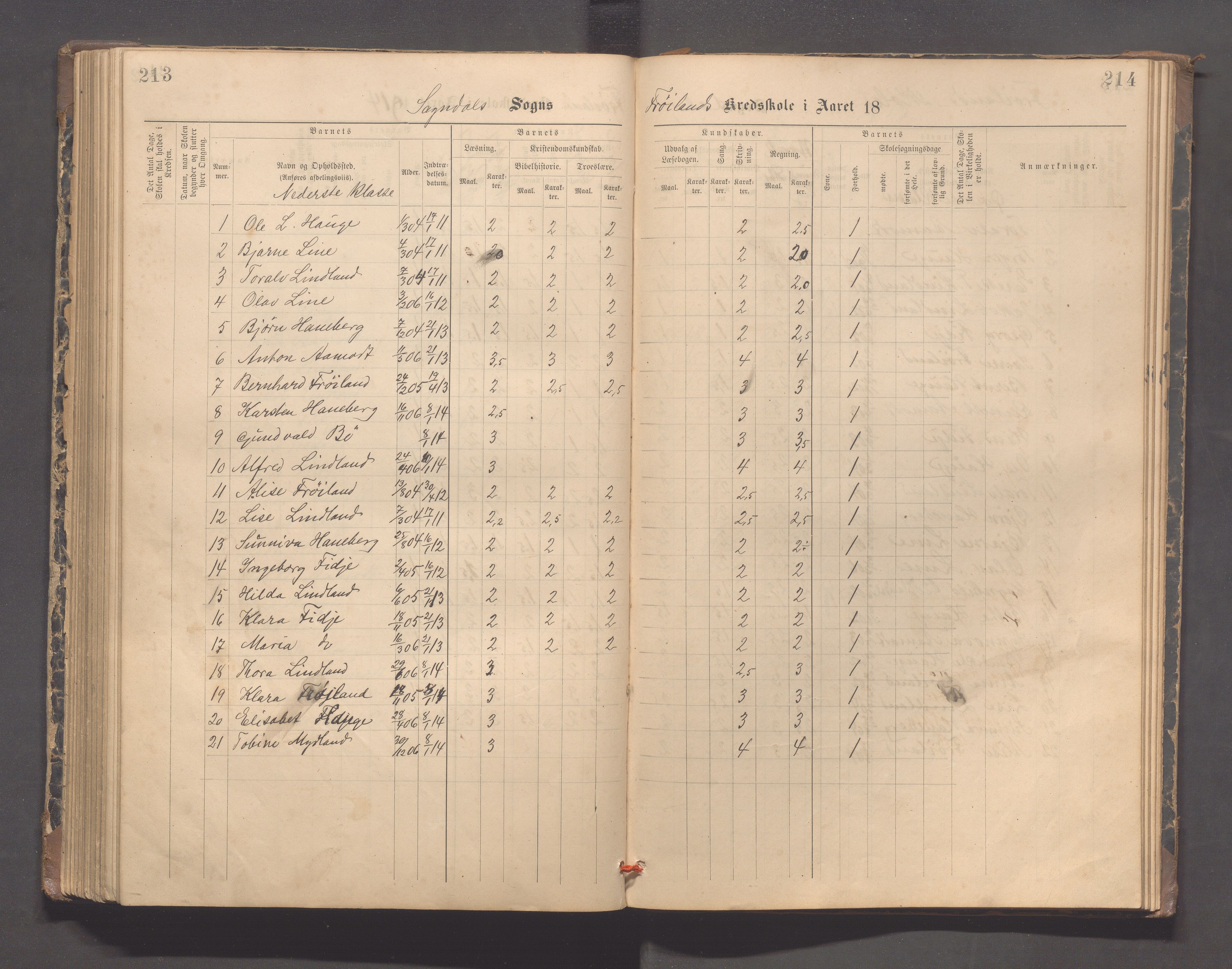 Sokndal kommune- Hauge skole, IKAR/K-101144/H/L0001: Skoleprotokoll - Frøyland, 1885-1918, s. 213-214