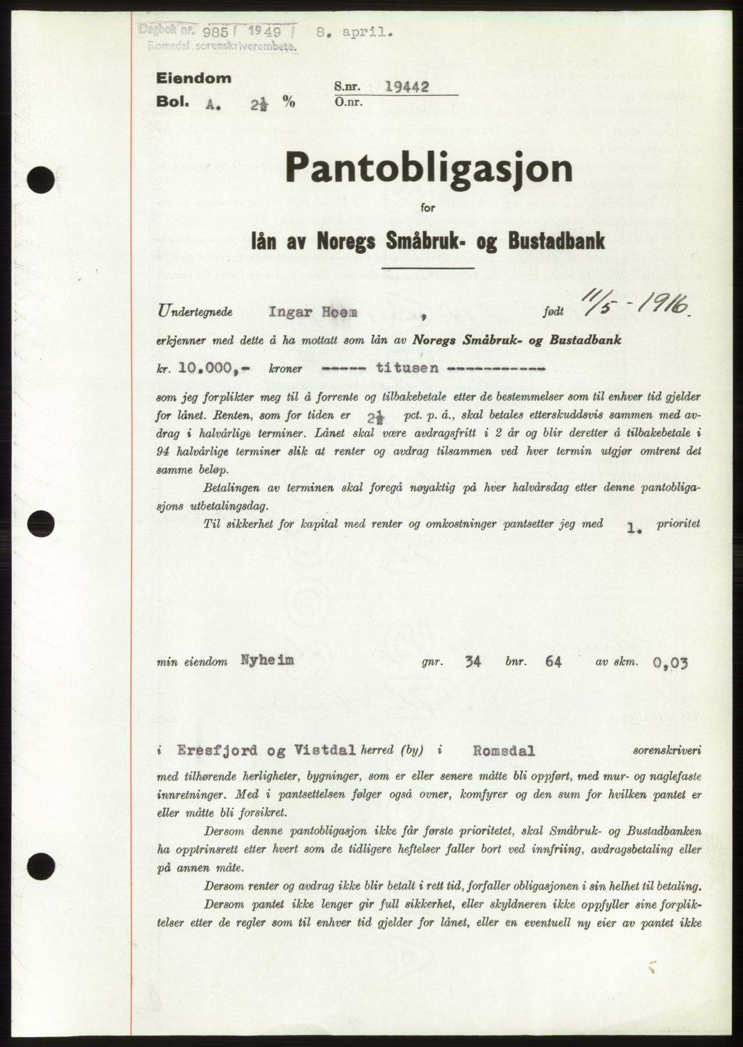 Romsdal sorenskriveri, SAT/A-4149/1/2/2C: Pantebok nr. B4, 1948-1949, Dagboknr: 985/1949