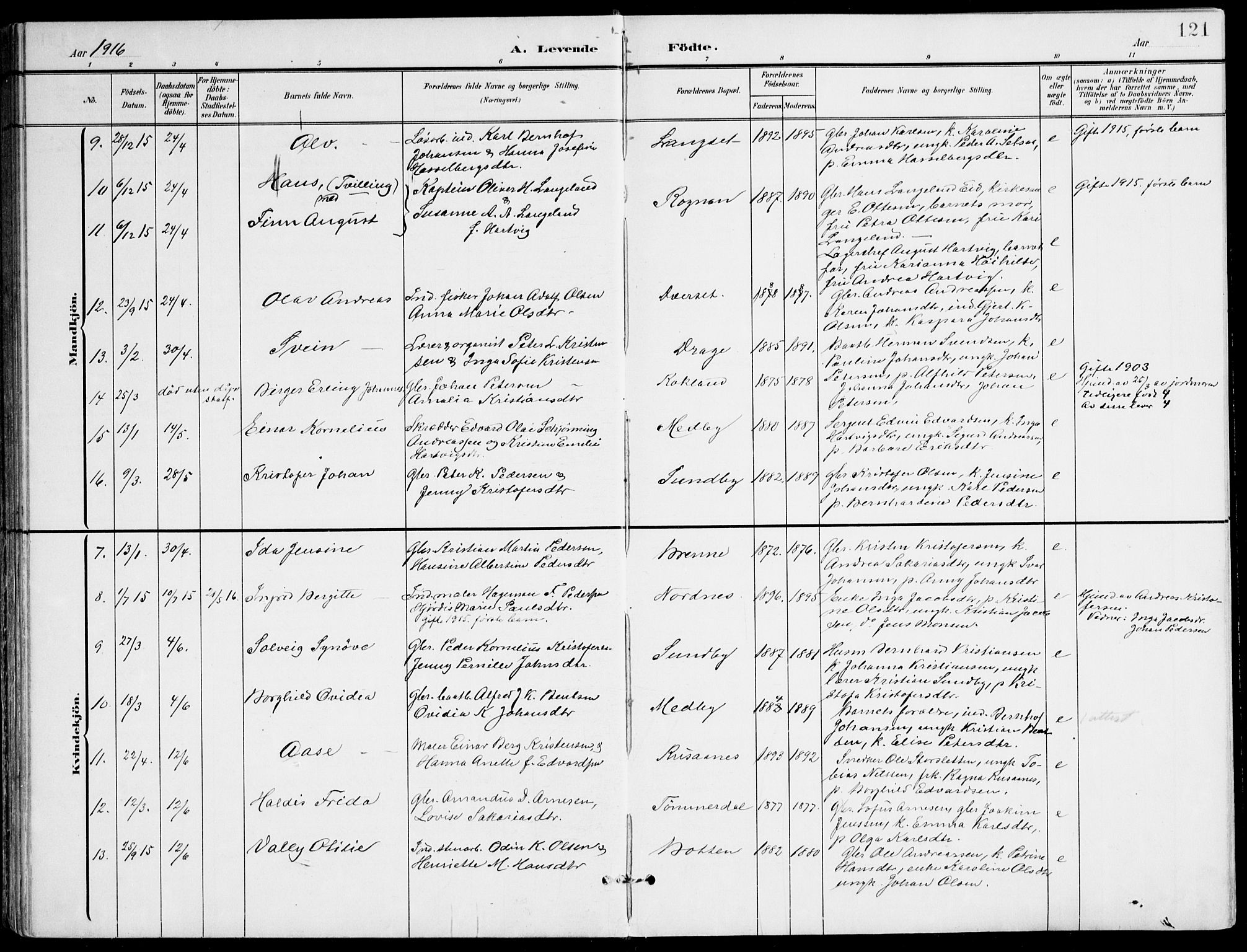 Ministerialprotokoller, klokkerbøker og fødselsregistre - Nordland, SAT/A-1459/847/L0672: Ministerialbok nr. 847A12, 1902-1919, s. 121