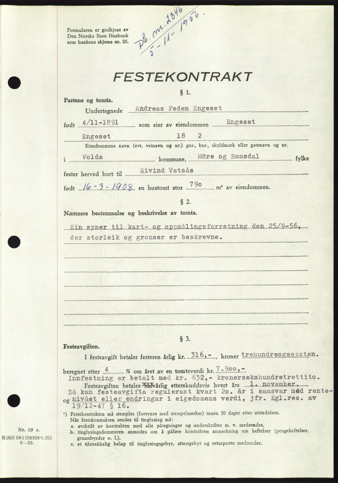 Søre Sunnmøre sorenskriveri, AV/SAT-A-4122/1/2/2C/L0104: Pantebok nr. 30A, 1956-1956, Dagboknr: 2346/1956