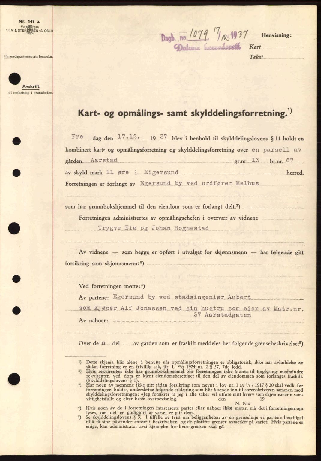 Dalane sorenskriveri, SAST/A-100309/02/G/Gb/L0041: Pantebok nr. A2, 1936-1937, Dagboknr: 1079/1937