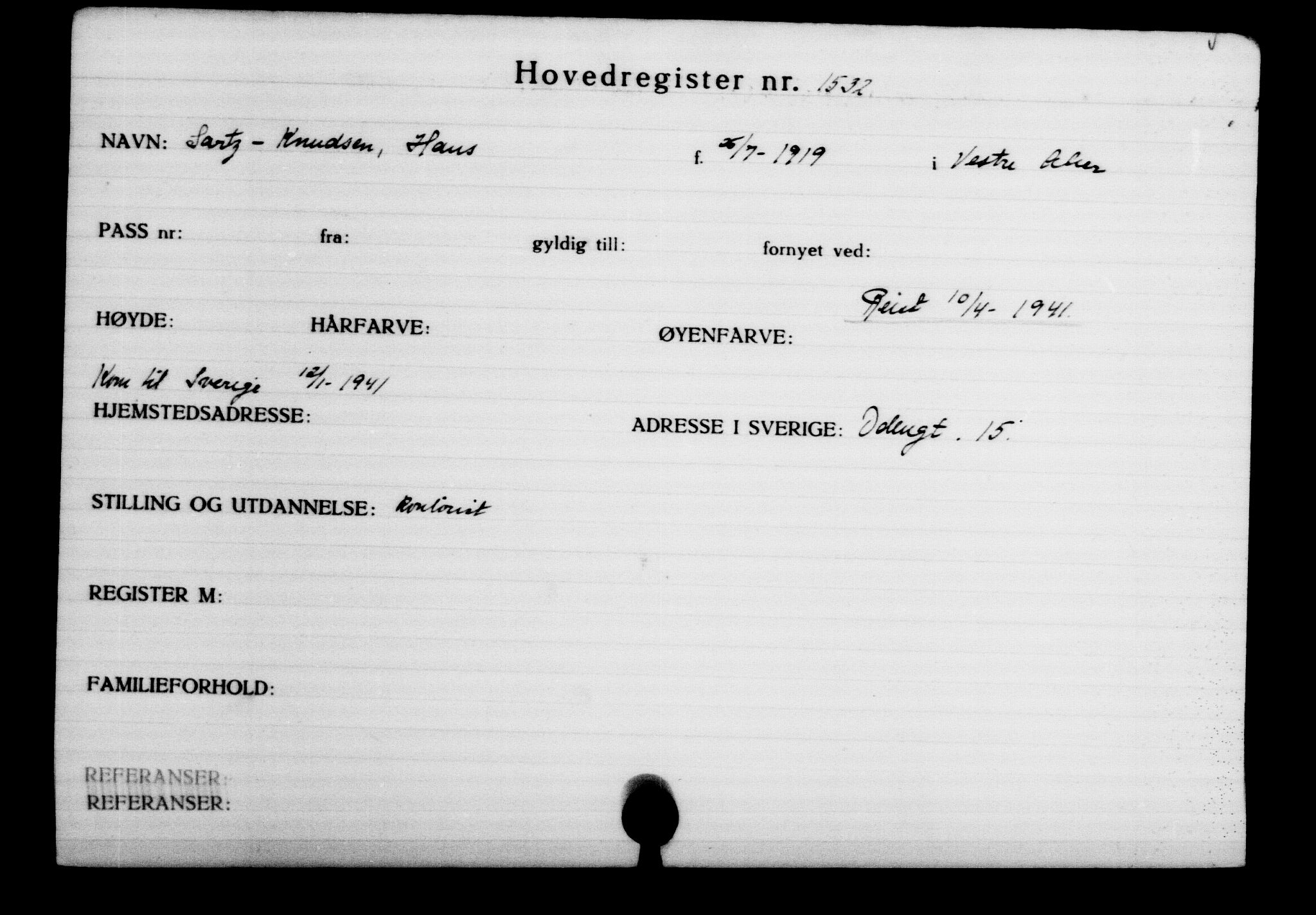 Utenriksstasjonene, Legasjonen i Stockholm, Flyktningkontoret, AV/RA-S-6753/V/Va/L0002: Kjesäterkartoteket, flyktninger med registreringsnr. 1001-2000, 1940-1945, s. 754