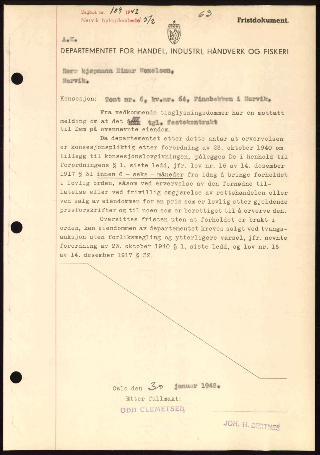 Narvik sorenskriveri, SAT/A-0002/1/2/2C/2Ca: Pantebok nr. A19, 1942-1943, Dagboknr: 109/1942