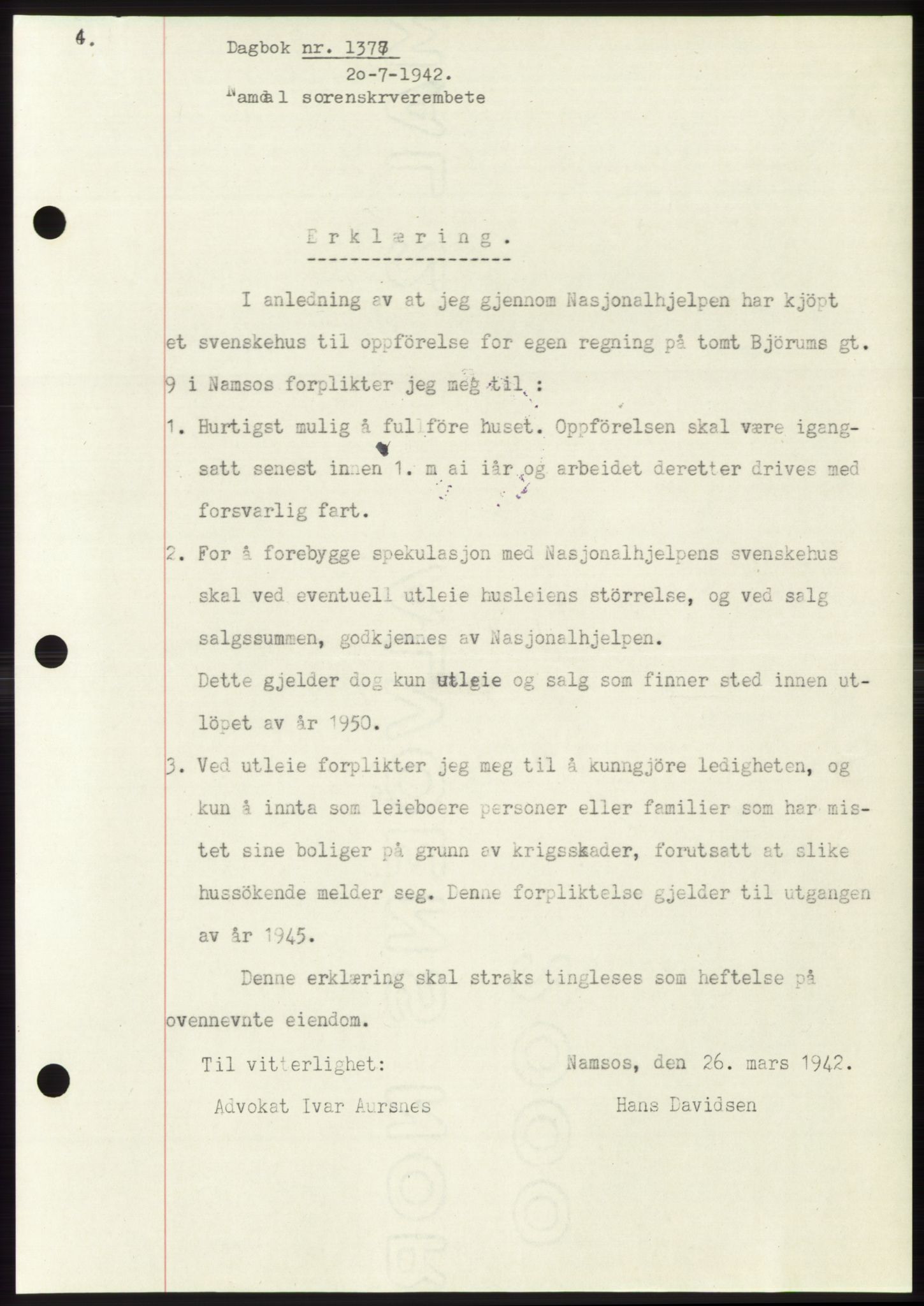 Namdal sorenskriveri, SAT/A-4133/1/2/2C: Pantebok nr. -, 1942-1943, Dagboknr: 1377/1942