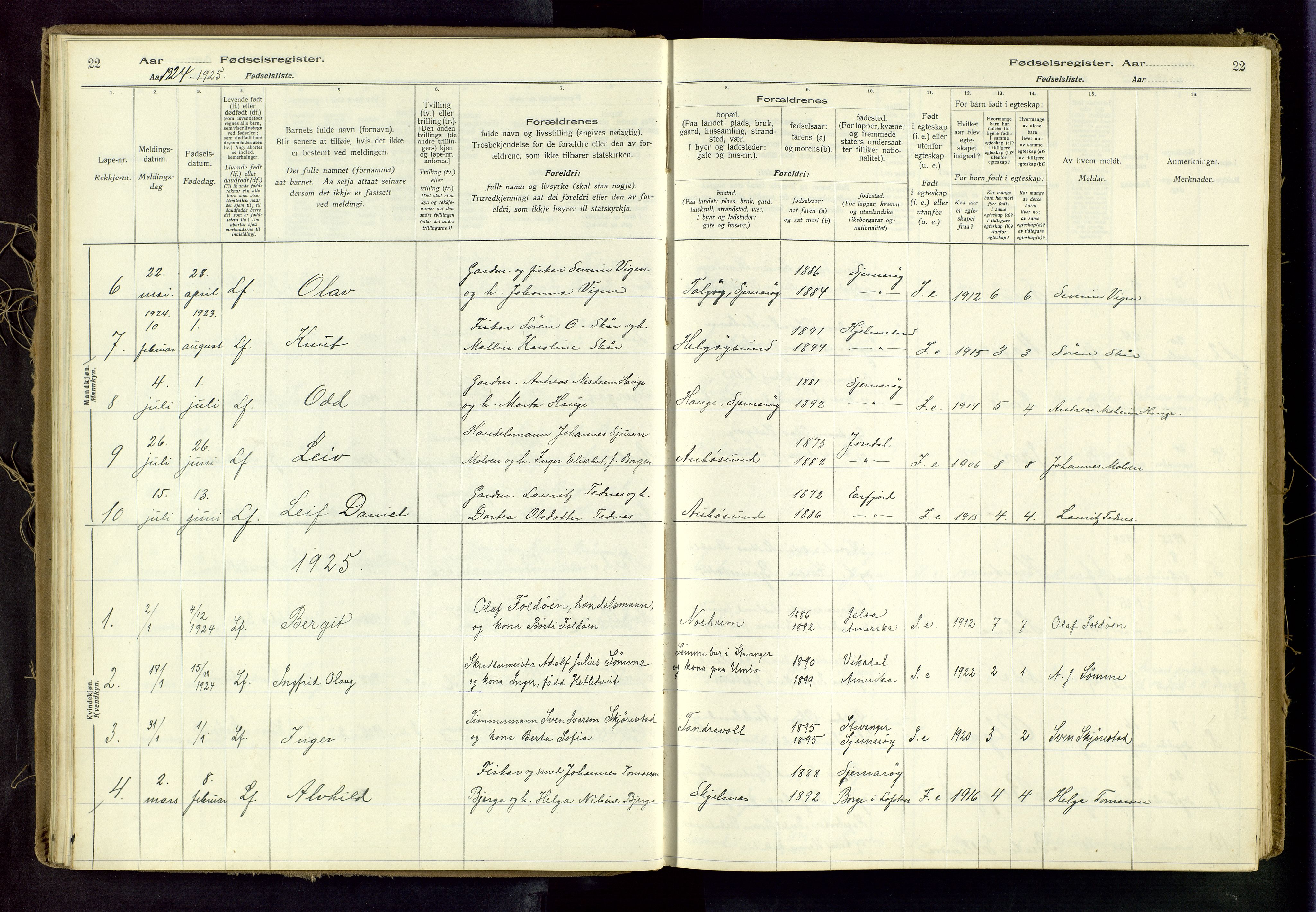 Nedstrand sokneprestkontor, AV/SAST-A-101841/03/A/L0001: Fødselsregister nr. 1, 1916-1982, s. 22