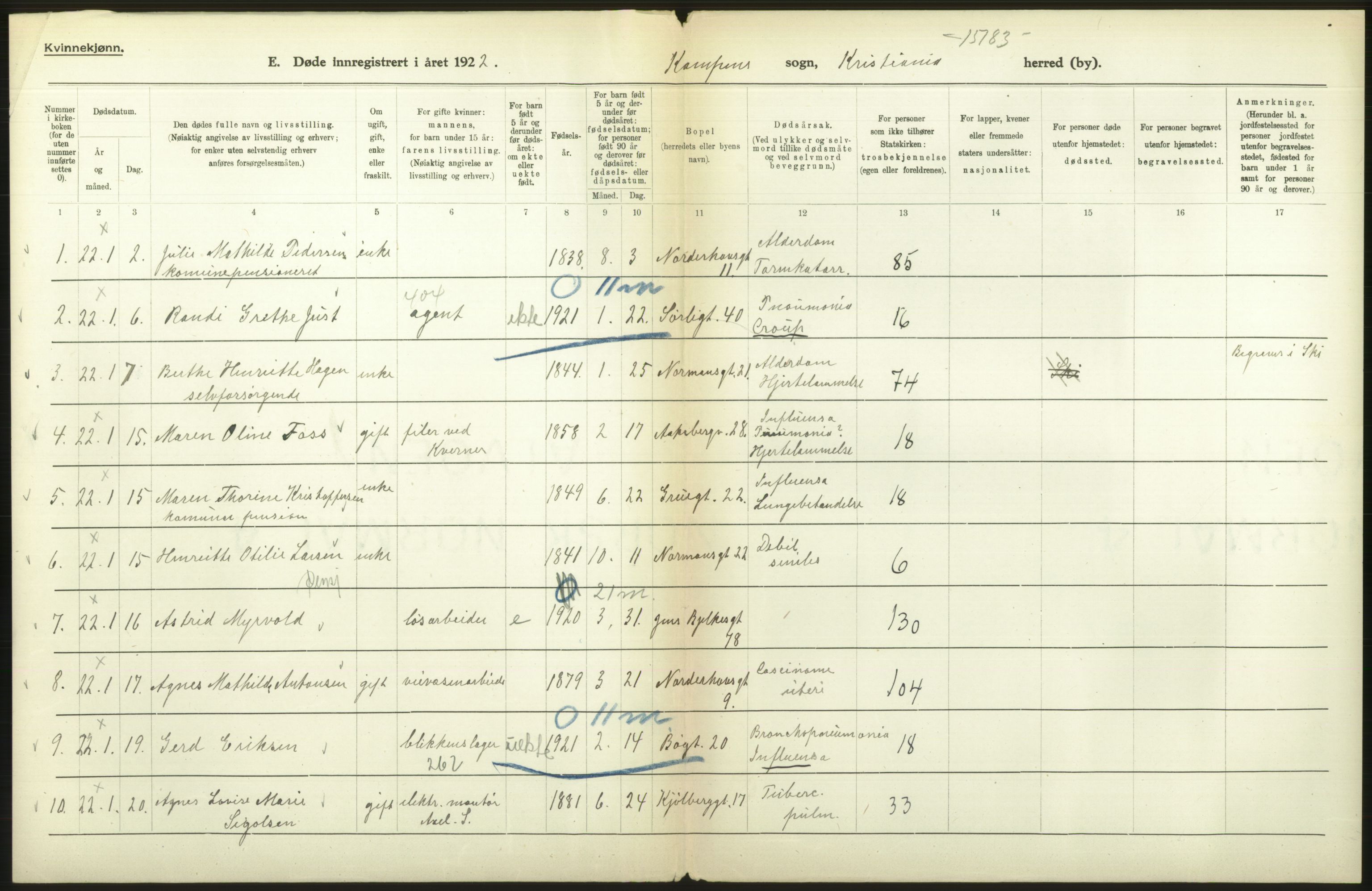 Statistisk sentralbyrå, Sosiodemografiske emner, Befolkning, AV/RA-S-2228/D/Df/Dfc/Dfcb/L0010: Kristiania: Døde, dødfødte, 1922, s. 288