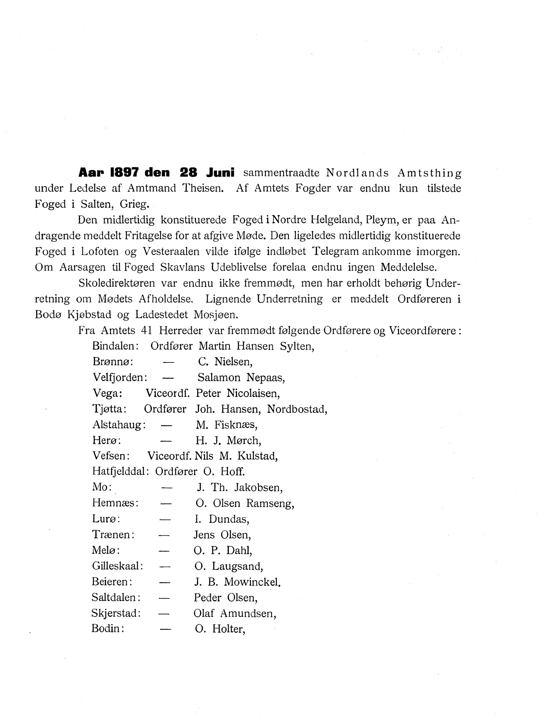 Nordland Fylkeskommune. Fylkestinget, AIN/NFK-17/176/A/Ac/L0020: Fylkestingsforhandlinger 1897, 1897