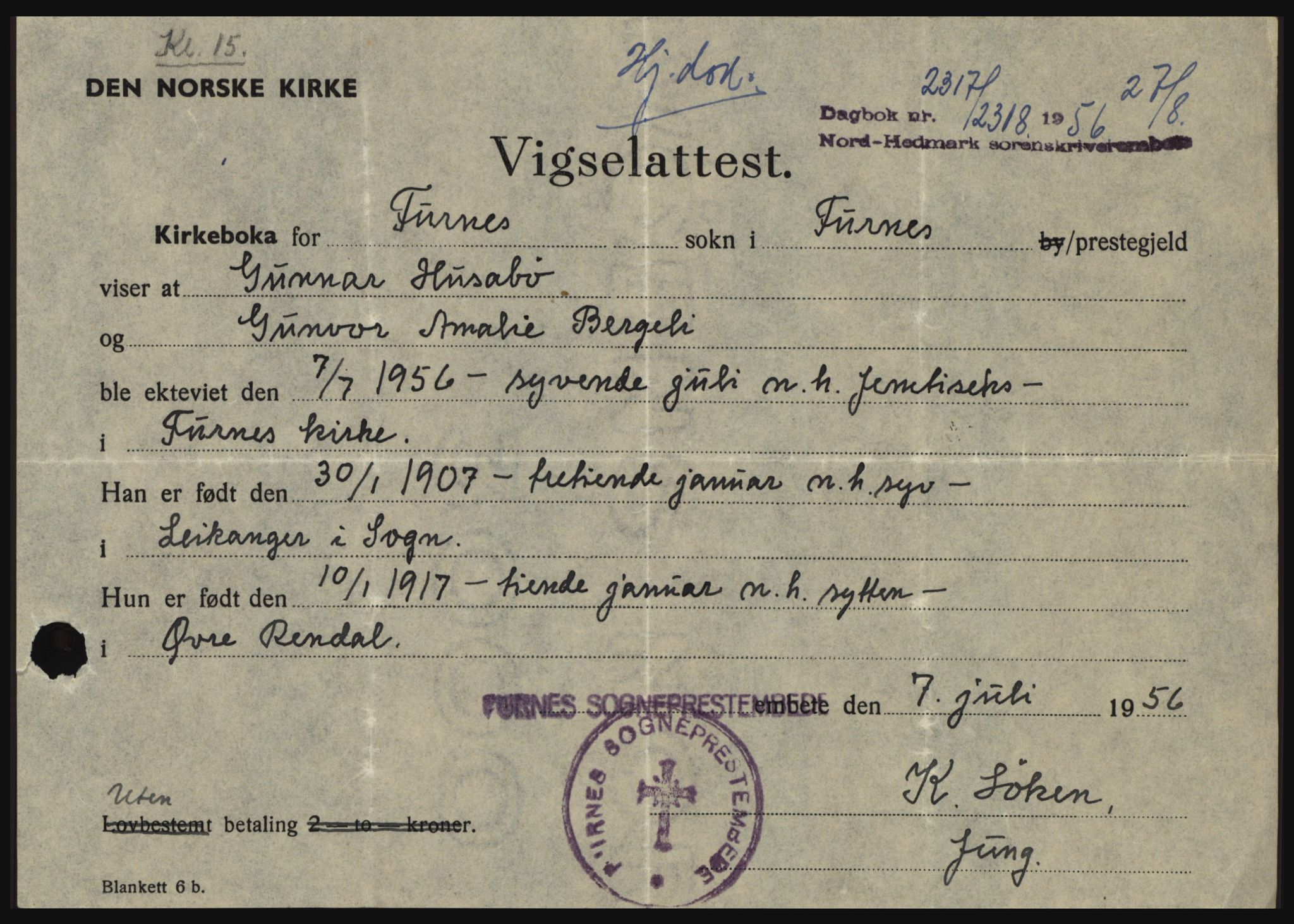 Nord-Hedmark sorenskriveri, SAH/TING-012/H/Hc/L0010: Pantebok nr. 10, 1955-1956, Dagboknr: 2317/1956