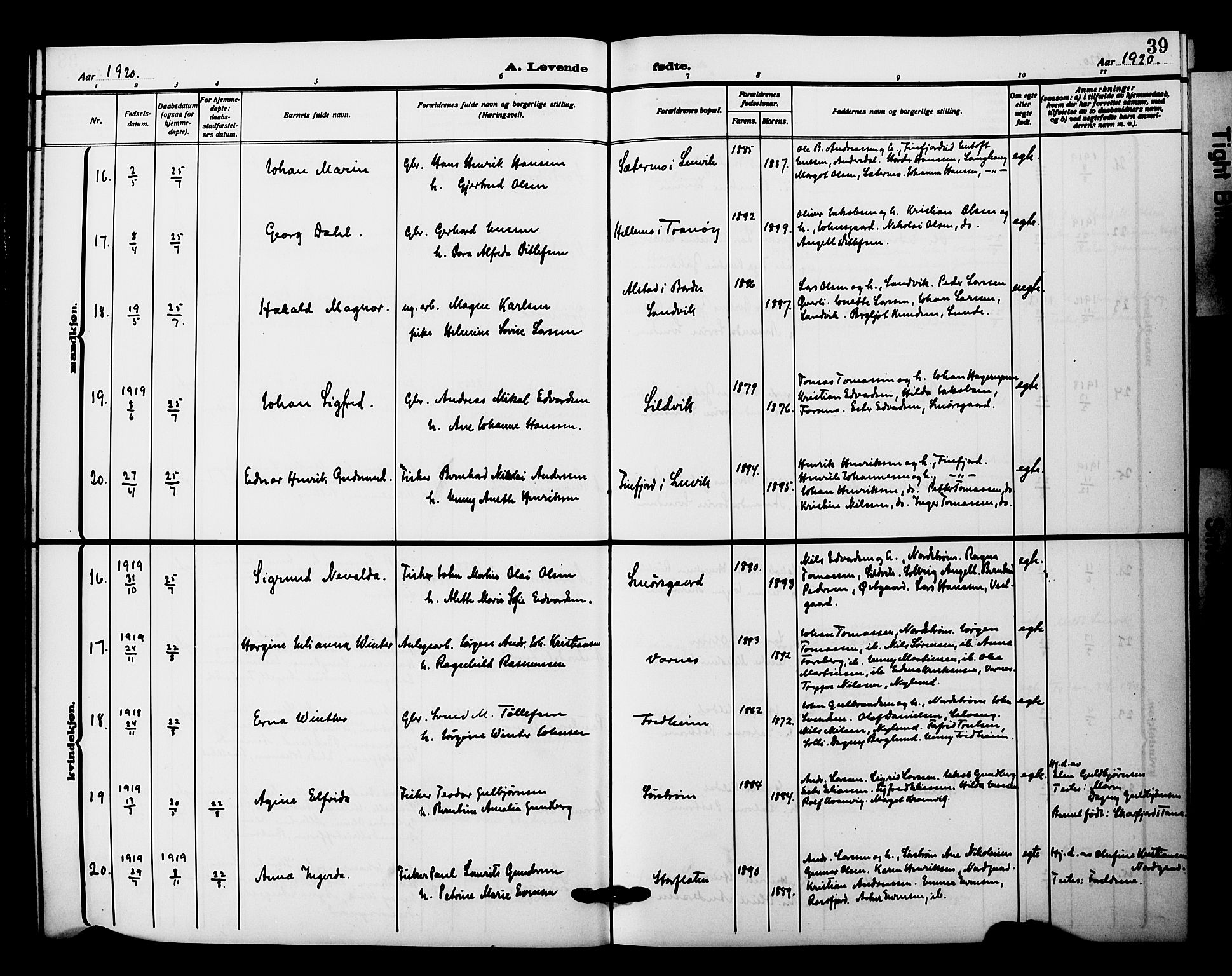 Tranøy sokneprestkontor, SATØ/S-1313/I/Ia/Iab/L0023klokker: Klokkerbok nr. 23, 1913-1928, s. 39