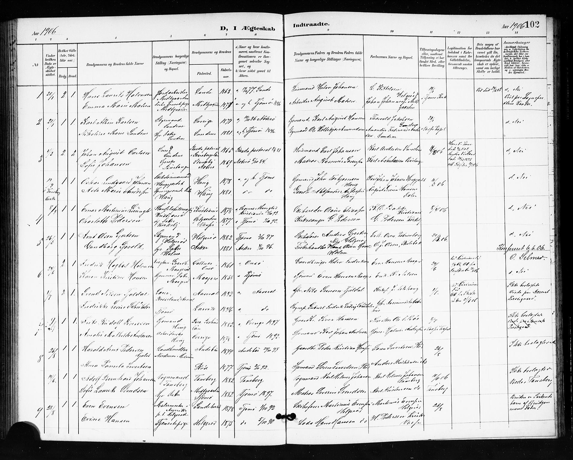 Tjøme kirkebøker, AV/SAKO-A-328/G/Ga/L0001: Klokkerbok nr. I 1, 1901-1910, s. 102
