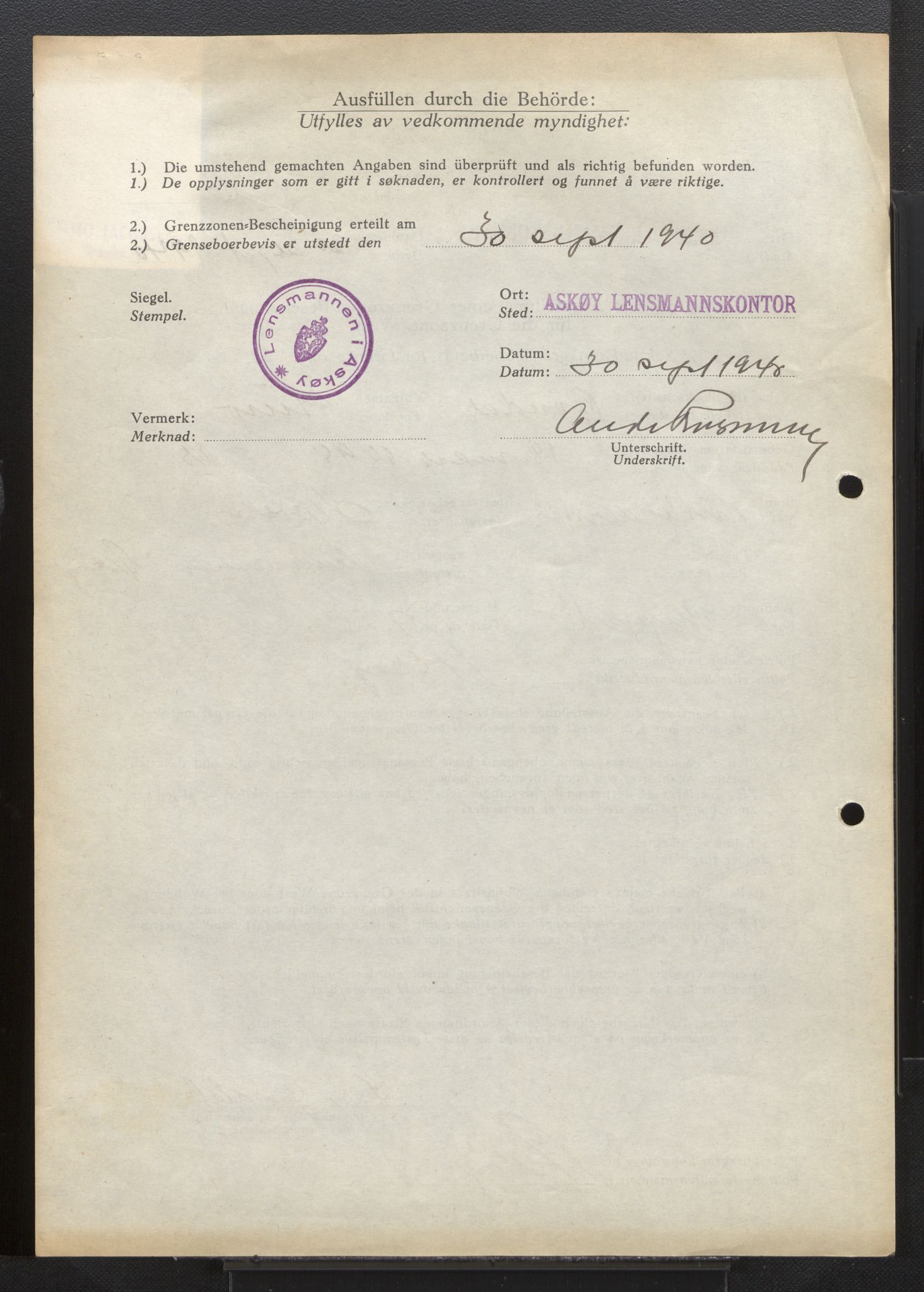 Lensmannen i Askøy, AV/SAB-A-31001/0026/L0004: Søknader om grensebuarbevis 426 - 850, 1940, s. 2
