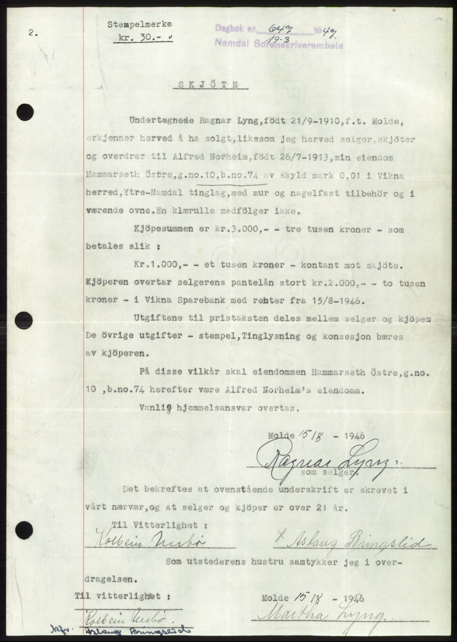 Namdal sorenskriveri, SAT/A-4133/1/2/2C: Pantebok nr. -, 1946-1947, Dagboknr: 647/1947