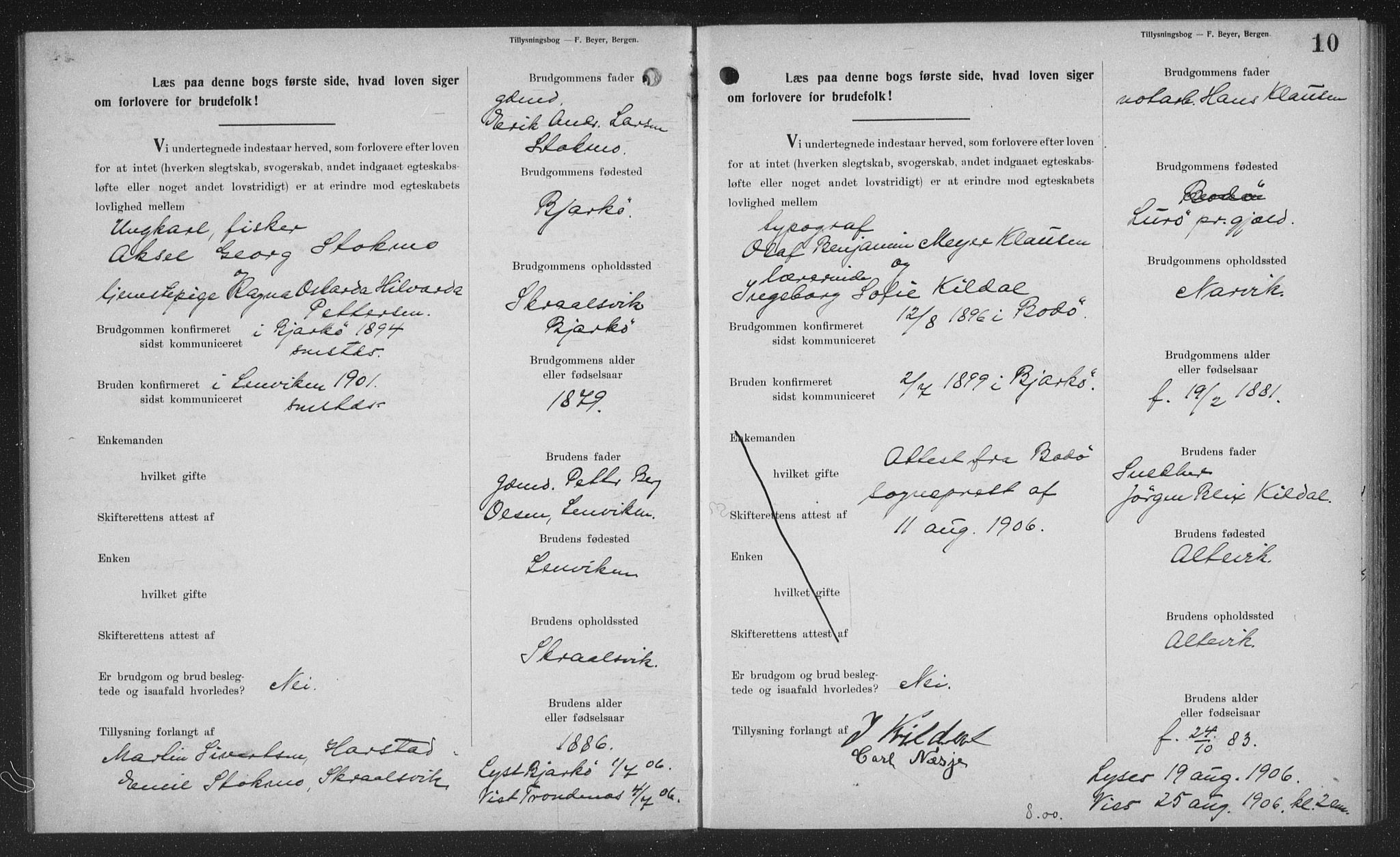 Sand/Bjarkøy sokneprestkontor, AV/SATØ-S-0811/J/Jb/L0024: Lysningsprotokoll nr. 24, 1905-1917, s. 10