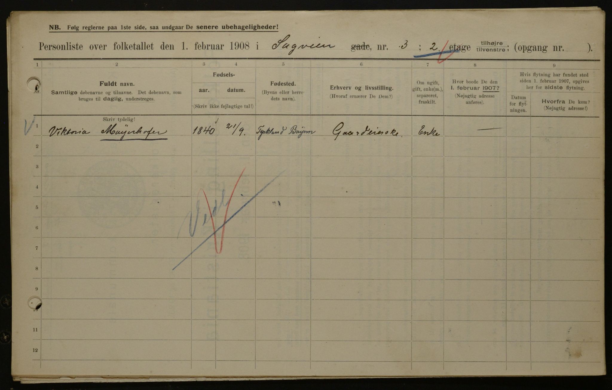 OBA, Kommunal folketelling 1.2.1908 for Kristiania kjøpstad, 1908, s. 77885