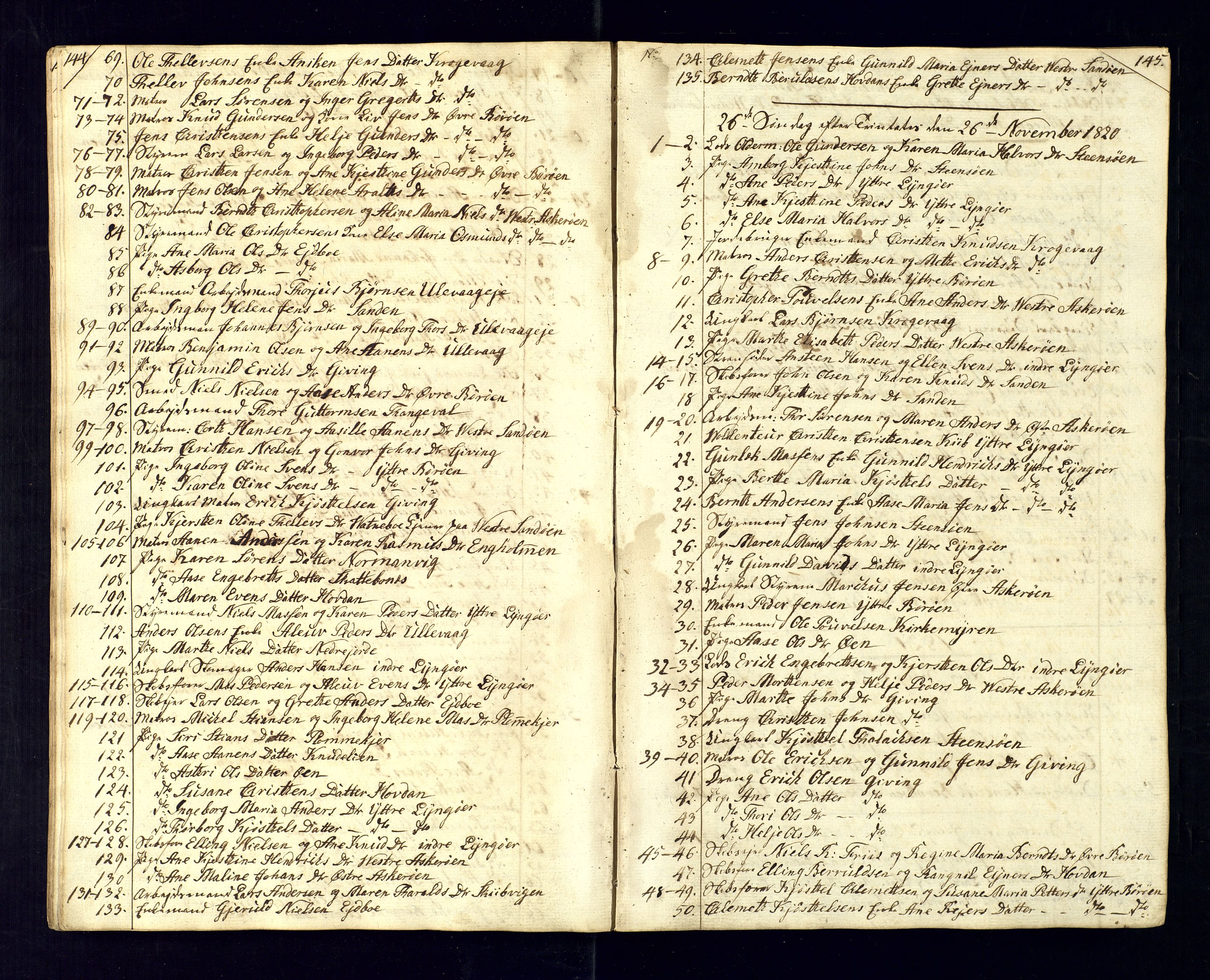 Dypvåg sokneprestkontor, AV/SAK-1111-0007/F/Fc/Fca/L0001: Kommunikantprotokoll nr. C-1, 1813-1830, s. 144-145