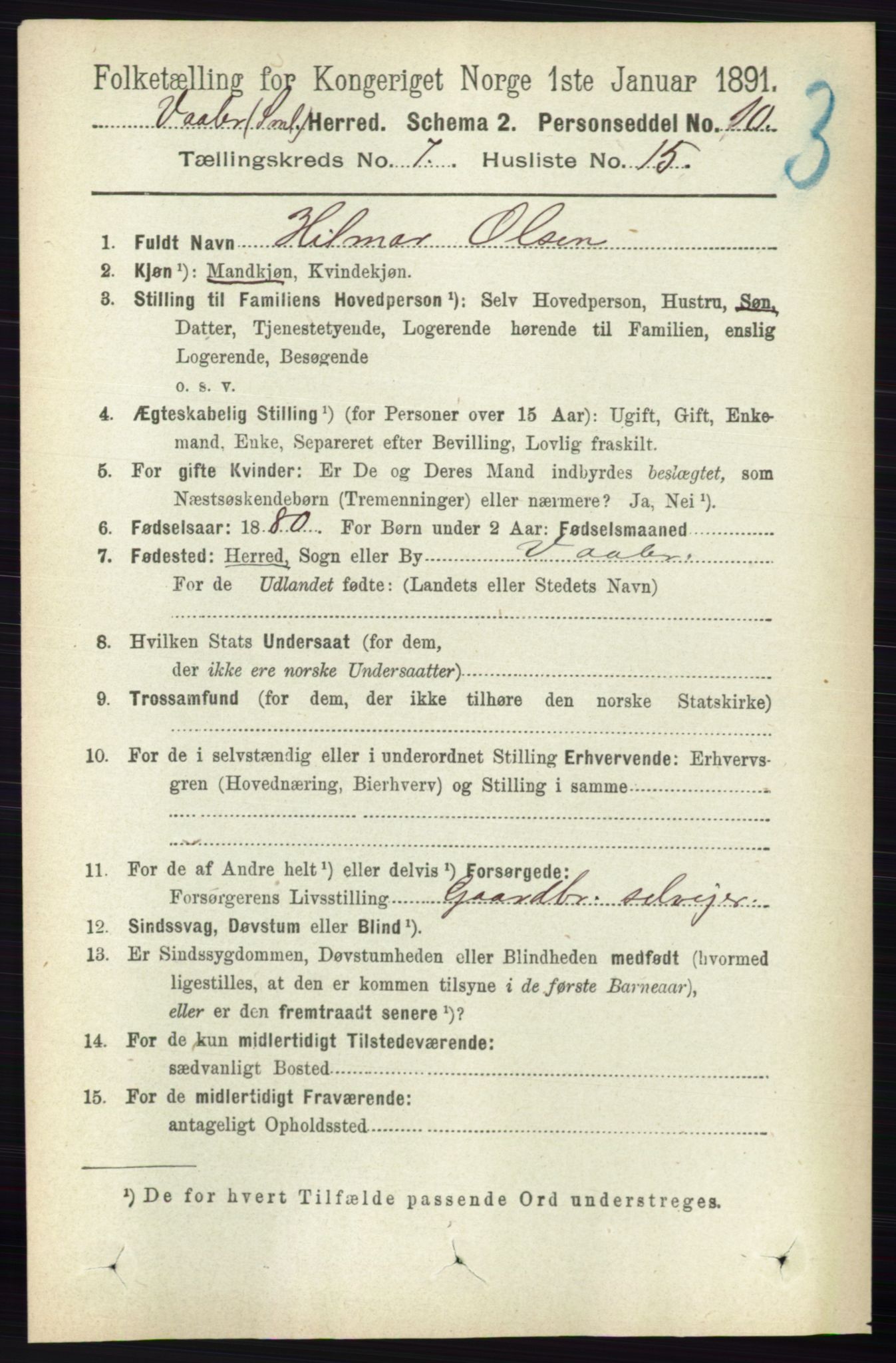 RA, Folketelling 1891 for 0137 Våler herred, 1891, s. 2926