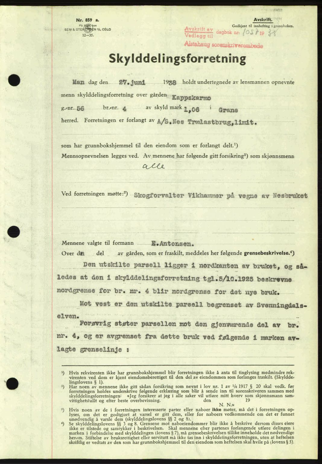 Alstahaug sorenskriveri, SAT/A-1009: Pantebok nr. A3, 1937-1938, Dagboknr: 1057/1938