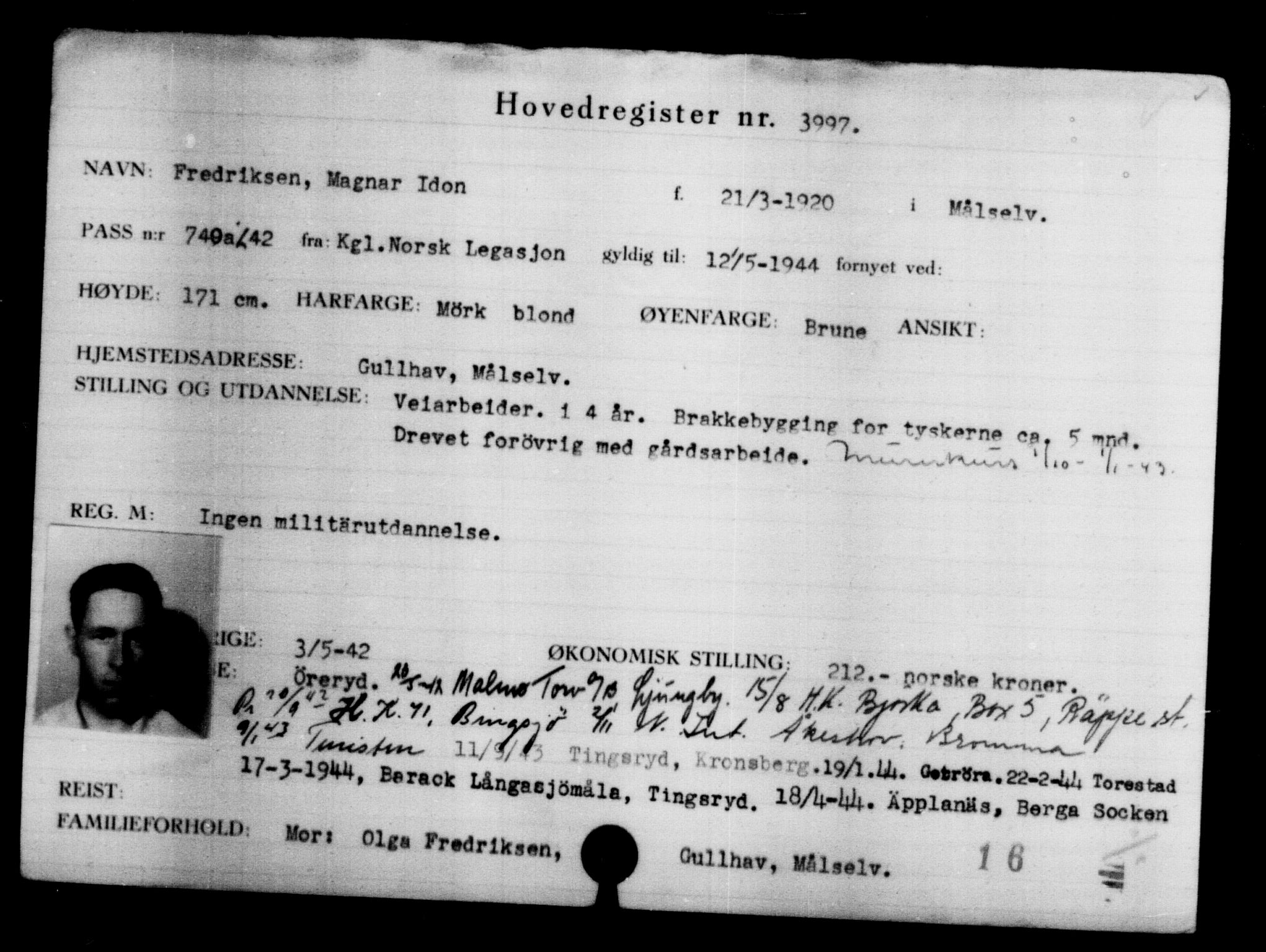 Utenriksstasjonene, Legasjonen i Stockholm, Flyktningkontoret, AV/RA-S-6753/V/Va/L0004: Kjesäterkartoteket, flyktninger med registreringsnr. 3496-6610, 1940-1945, s. 583