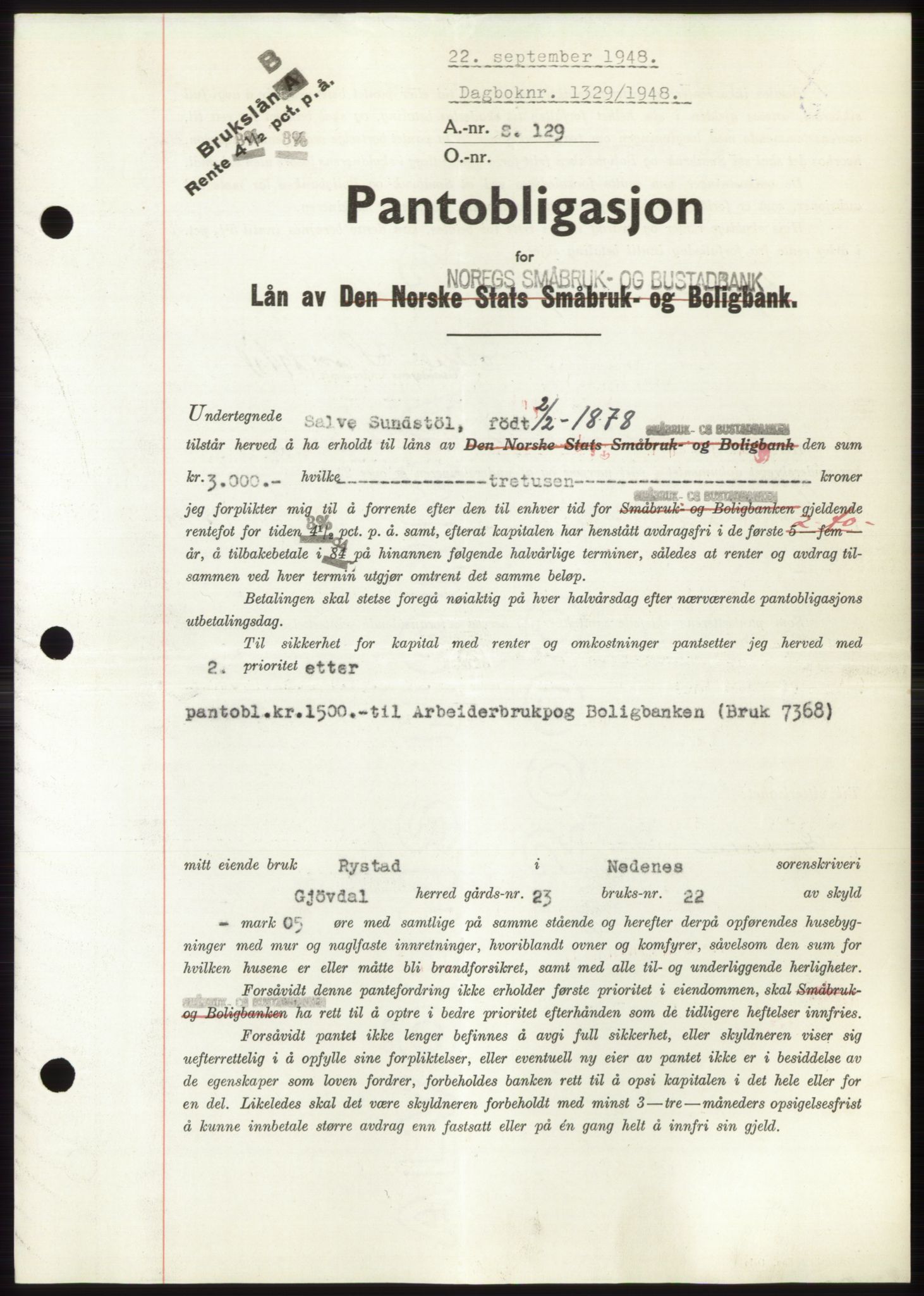 Nedenes sorenskriveri, AV/SAK-1221-0006/G/Gb/Gbb/L0005: Pantebok nr. B5, 1948-1948, Dagboknr: 1329/1948