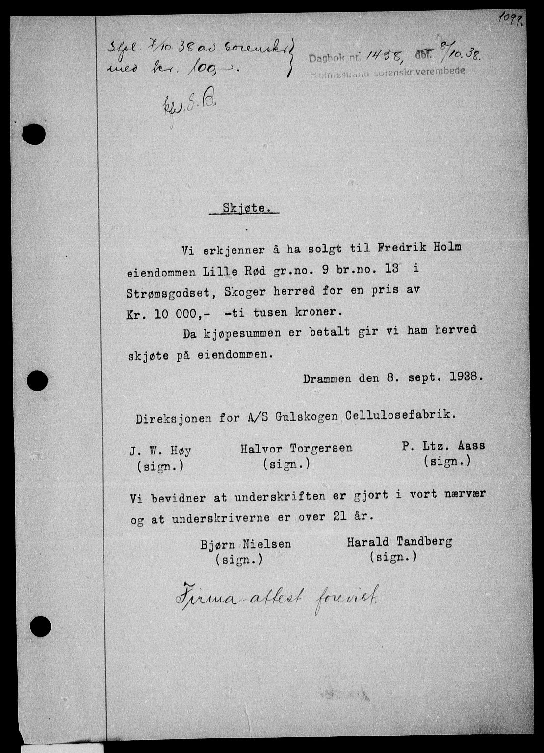 Holmestrand sorenskriveri, SAKO/A-67/G/Ga/Gaa/L0049: Pantebok nr. A-49, 1937-1938, Dagboknr: 1458/1938