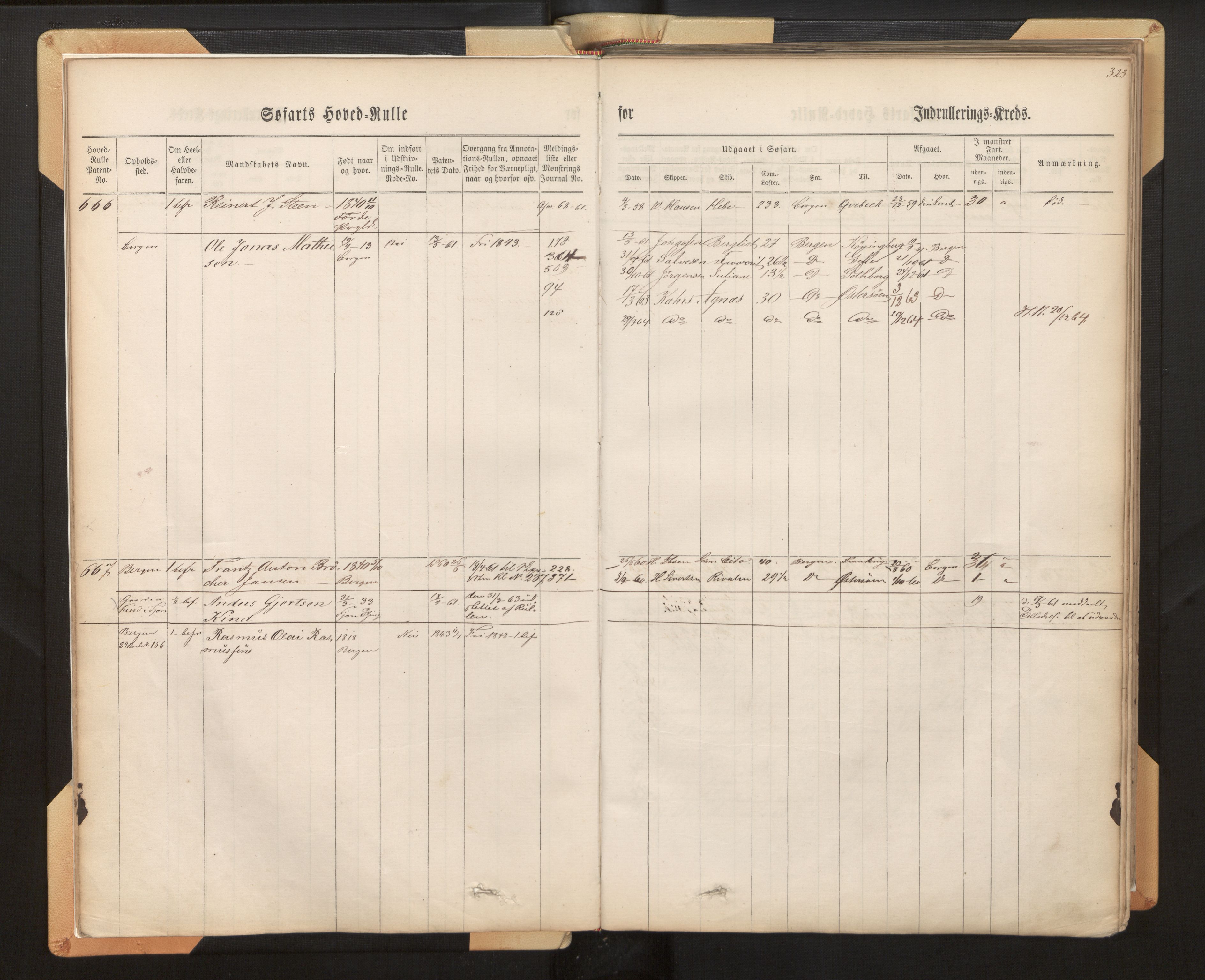 Innrulleringssjefen i Bergen, AV/SAB-A-100050/F/Fh/L0008: Sjøfarts-hovedrulle for Bergen krets, fol. 316 - 636, 1860-1865, s. 323