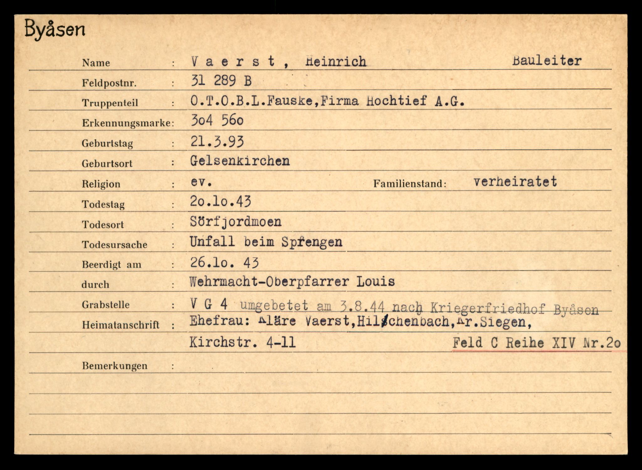 Distriktskontoret for krigsgraver, SAT/A-5030/E/L0004: Kasett/kartotek over tysk Krigskirkegård på Byåsen, 1945, s. 1833