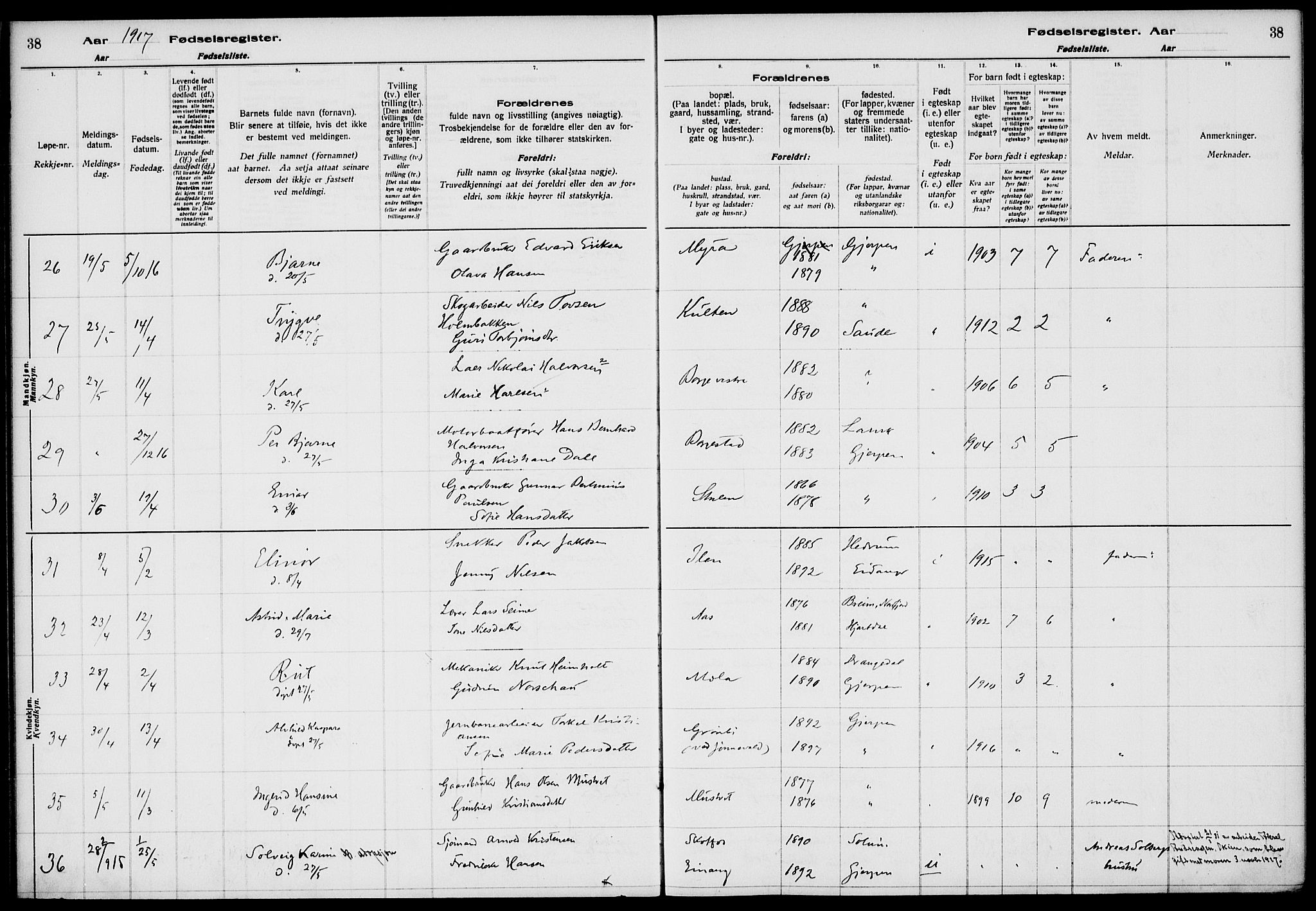 Gjerpen kirkebøker, AV/SAKO-A-265/J/Ja/L0001: Fødselsregister nr. I 1, 1916-1926, s. 38
