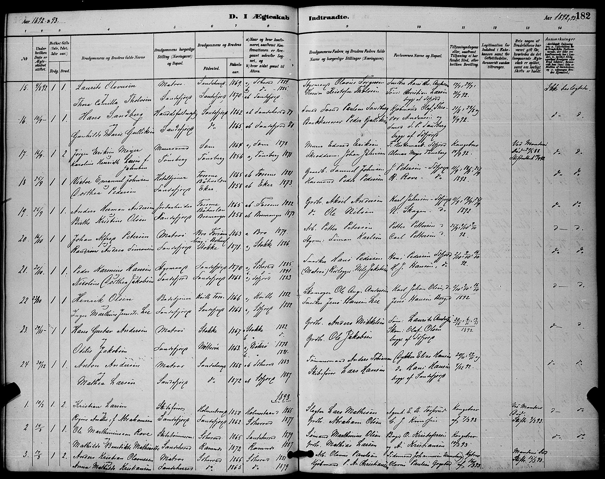 Sandefjord kirkebøker, AV/SAKO-A-315/G/Ga/L0001: Klokkerbok nr. 1, 1885-1903, s. 182