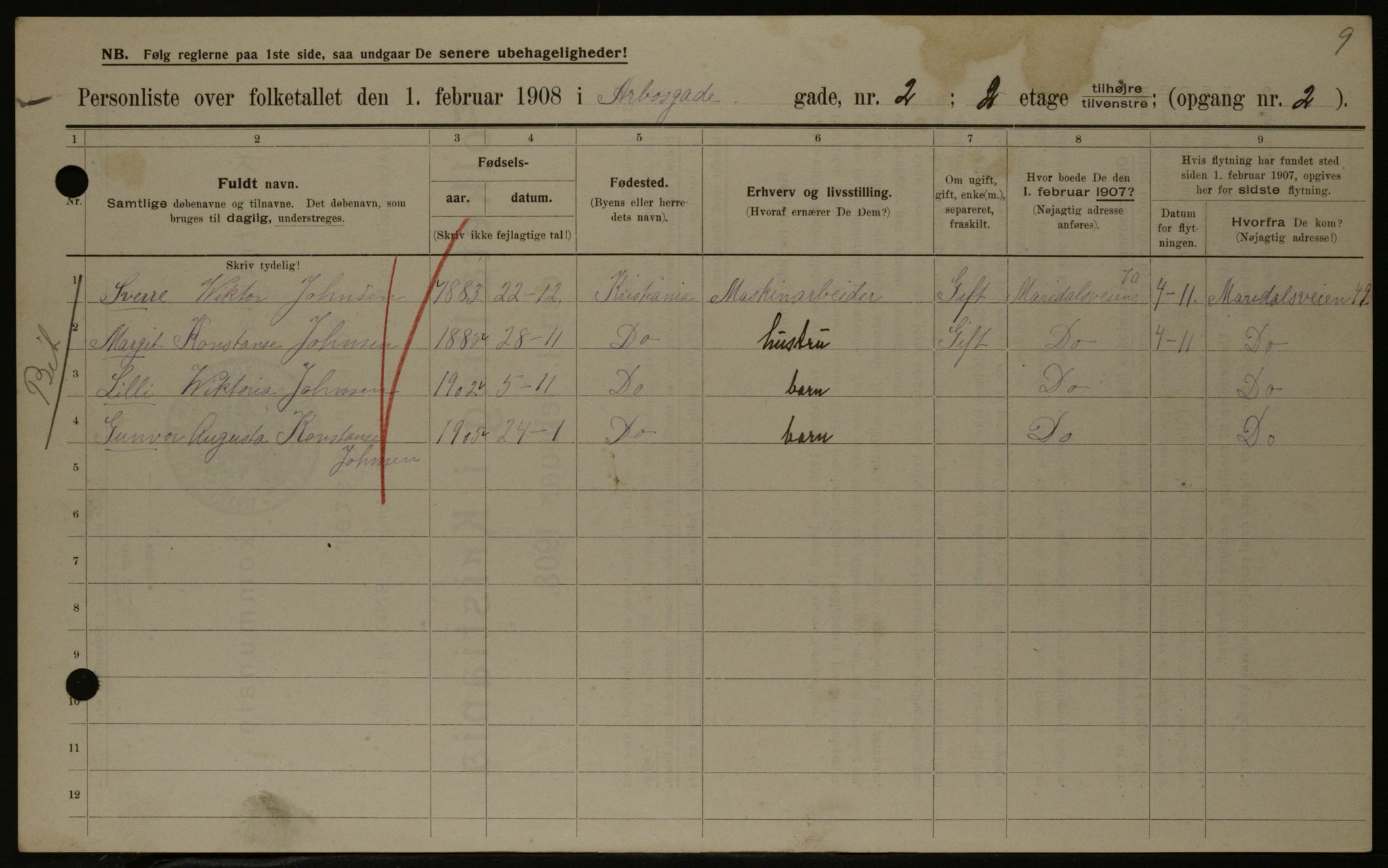 OBA, Kommunal folketelling 1.2.1908 for Kristiania kjøpstad, 1908, s. 2032