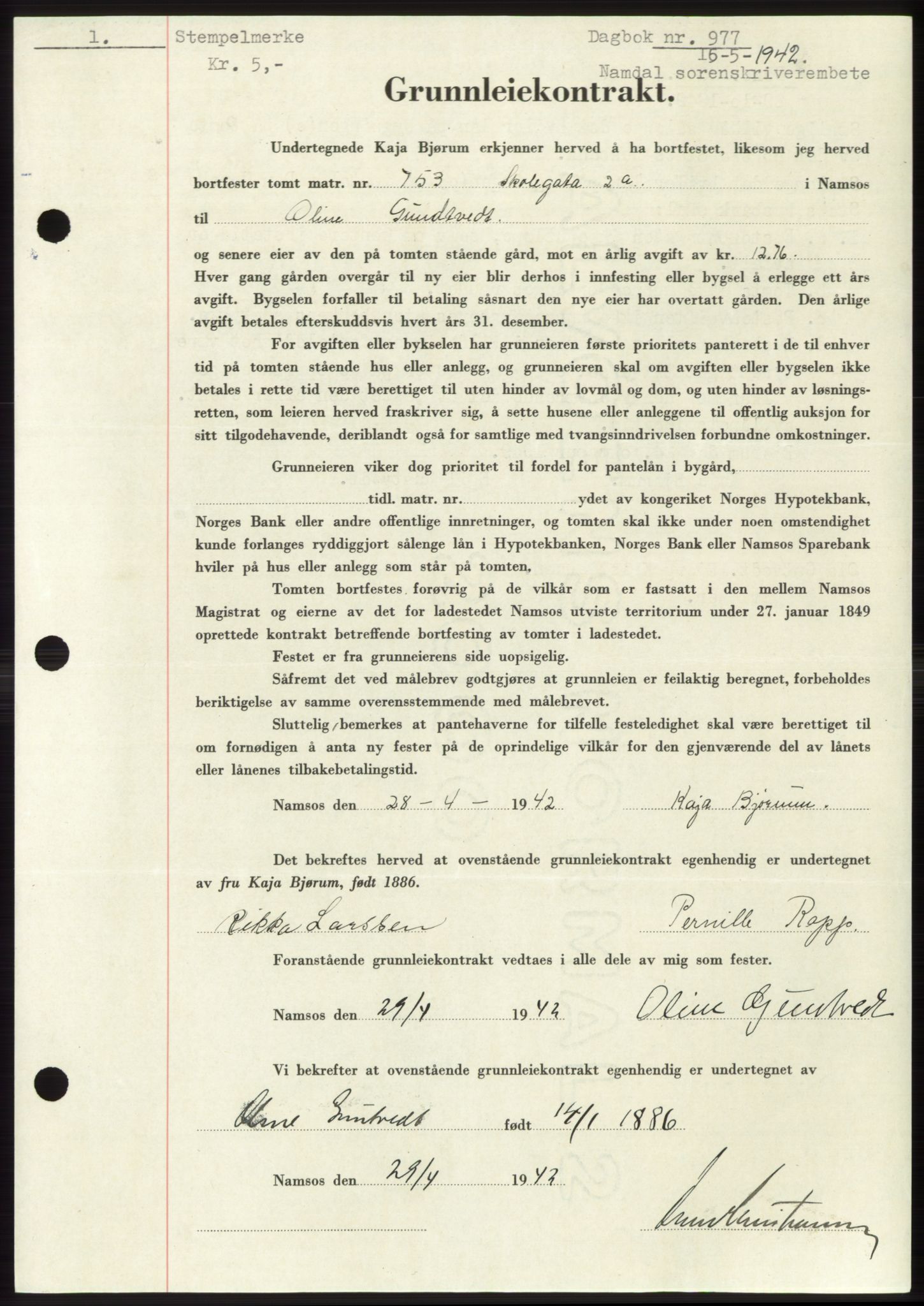 Namdal sorenskriveri, SAT/A-4133/1/2/2C: Pantebok nr. -, 1941-1942, Dagboknr: 977/1942