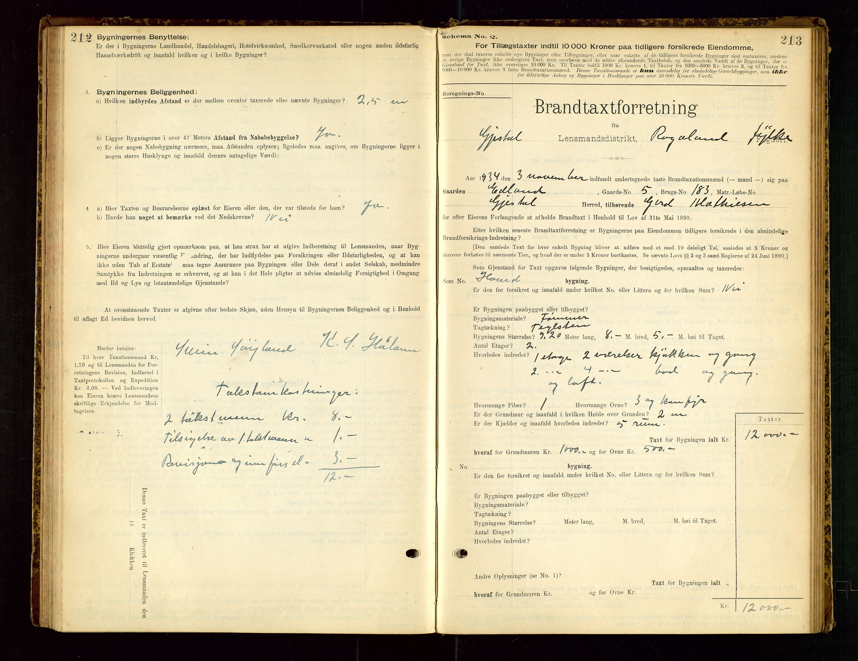 Gjesdal lensmannskontor, SAST/A-100441/Go/L0007: Branntakstskjemaprotokoll, 1894-1937, s. 212-213