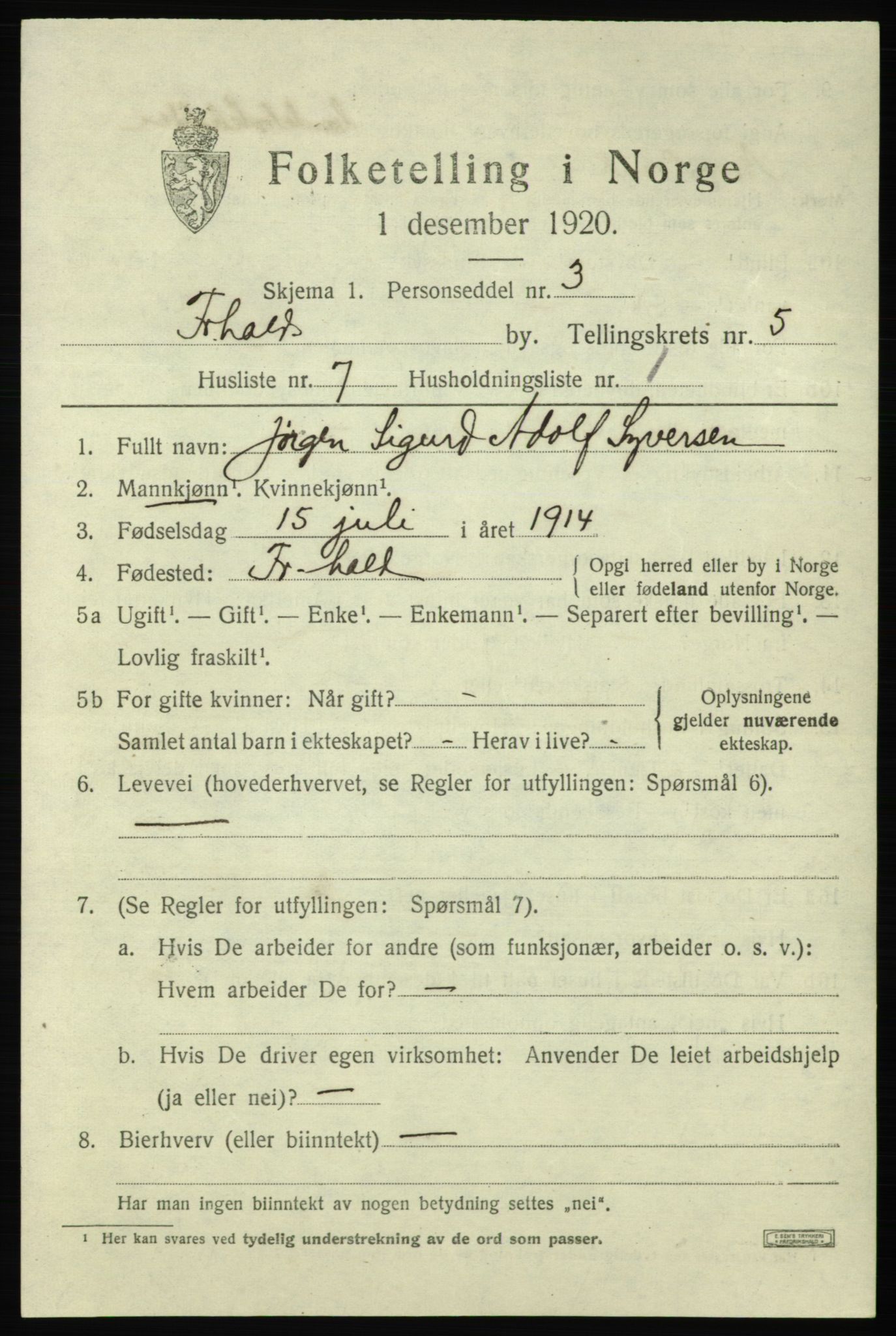 SAO, Folketelling 1920 for 0101 Fredrikshald kjøpstad, 1920, s. 12099