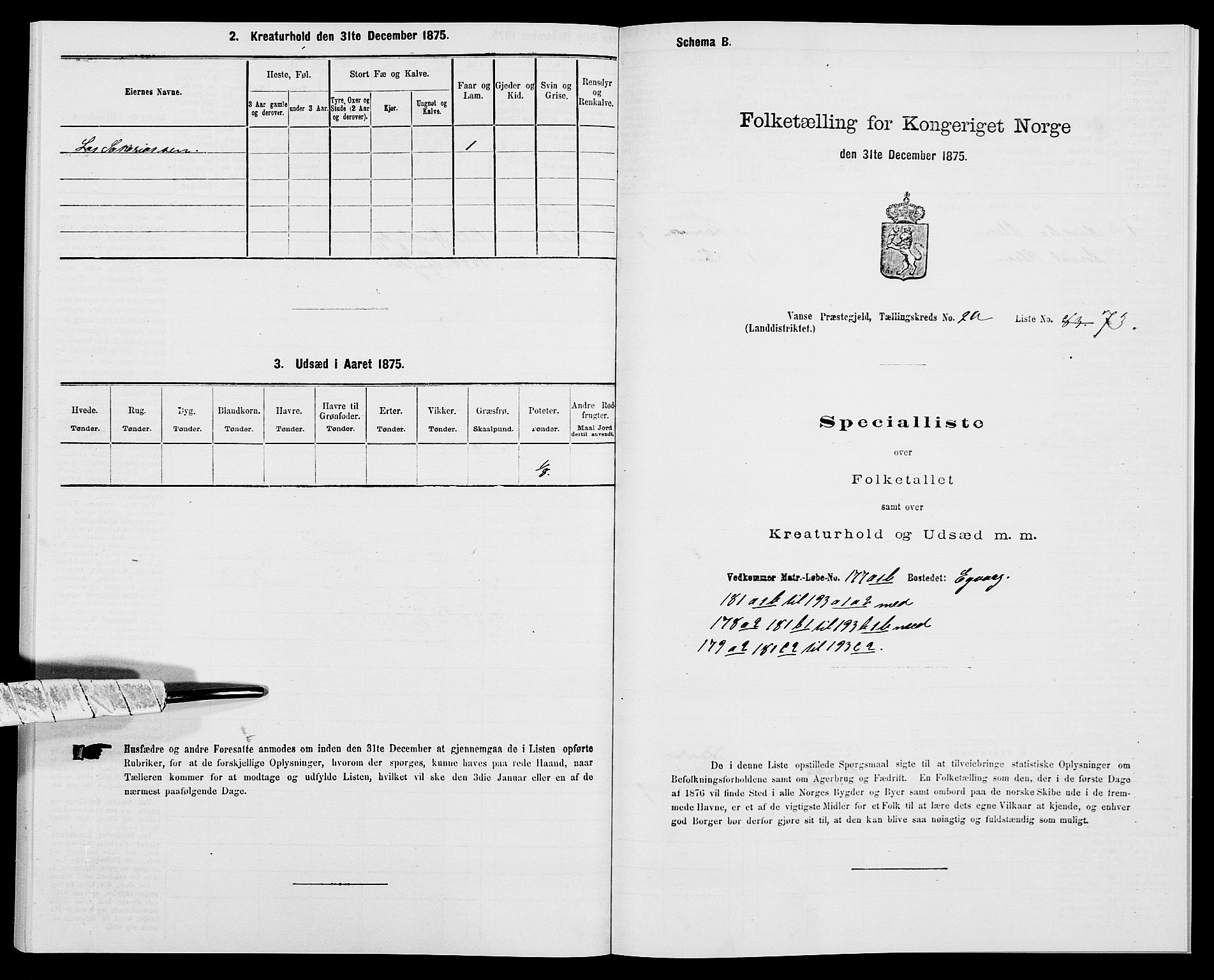 SAK, Folketelling 1875 for 1041L Vanse prestegjeld, Vanse sokn og Farsund landsokn, 1875, s. 446