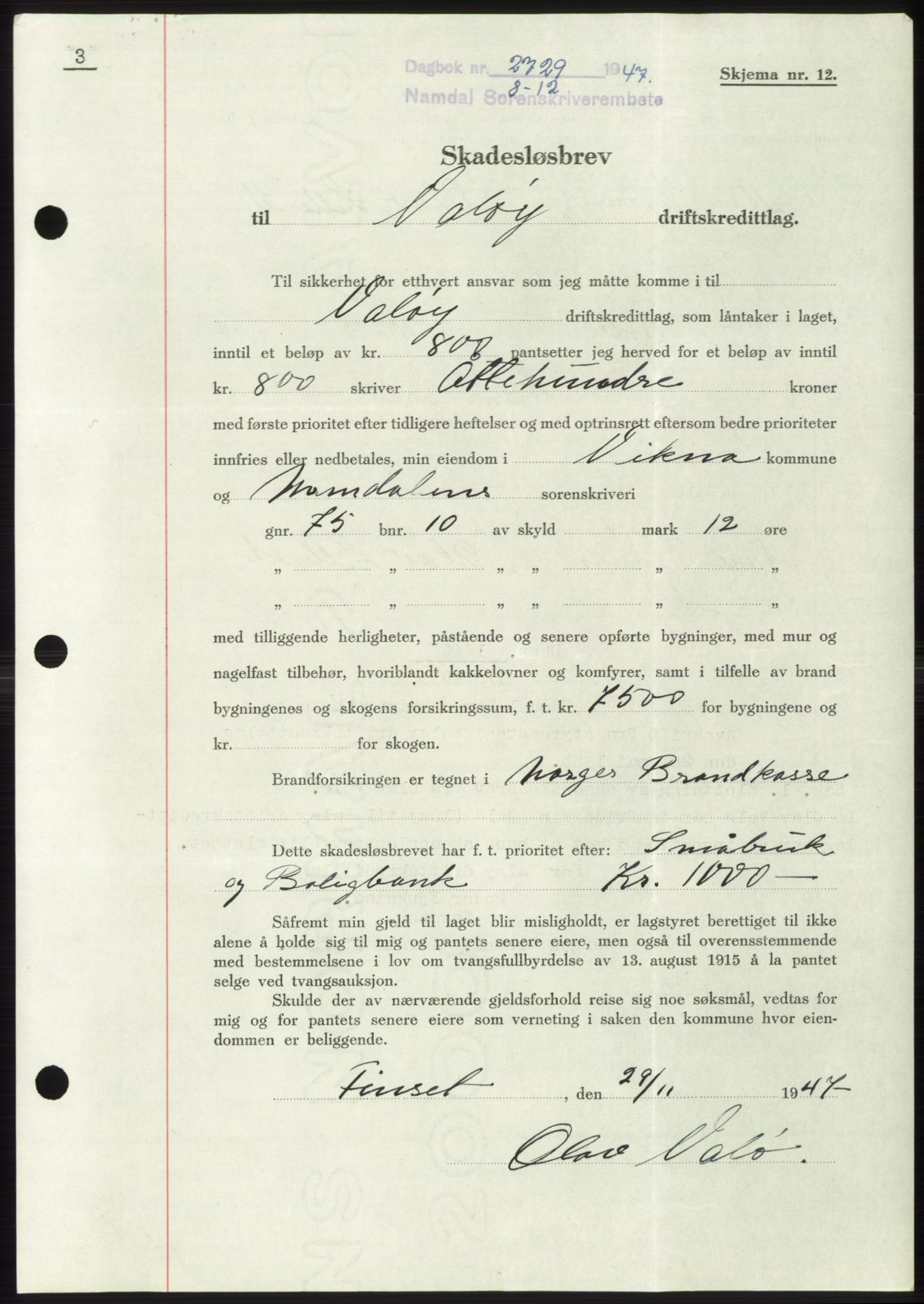 Namdal sorenskriveri, SAT/A-4133/1/2/2C: Pantebok nr. -, 1947-1948, Dagboknr: 2729/1947