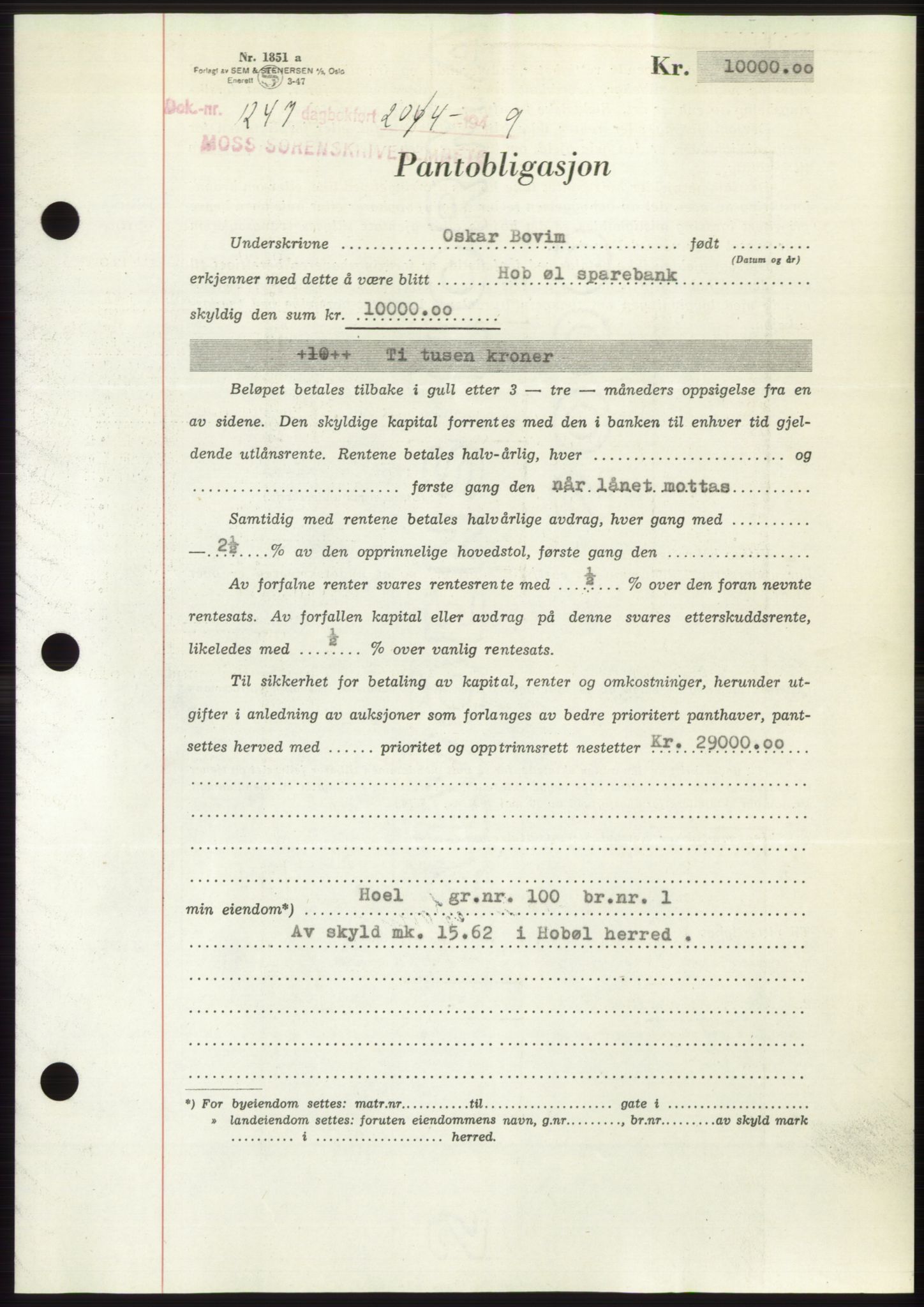 Moss sorenskriveri, SAO/A-10168: Pantebok nr. B21, 1949-1949, Dagboknr: 1247/1949