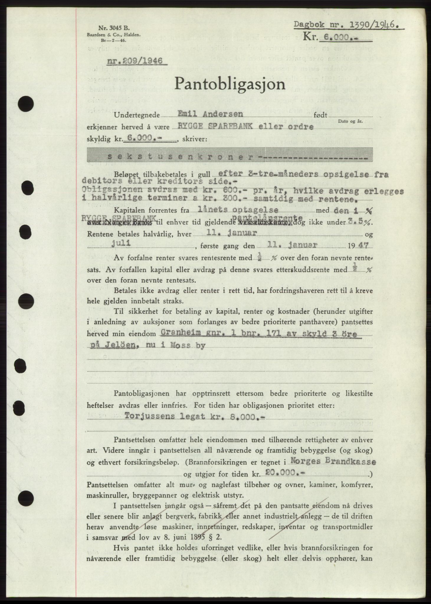 Moss sorenskriveri, SAO/A-10168: Pantebok nr. B15, 1946-1946, Dagboknr: 1390/1946
