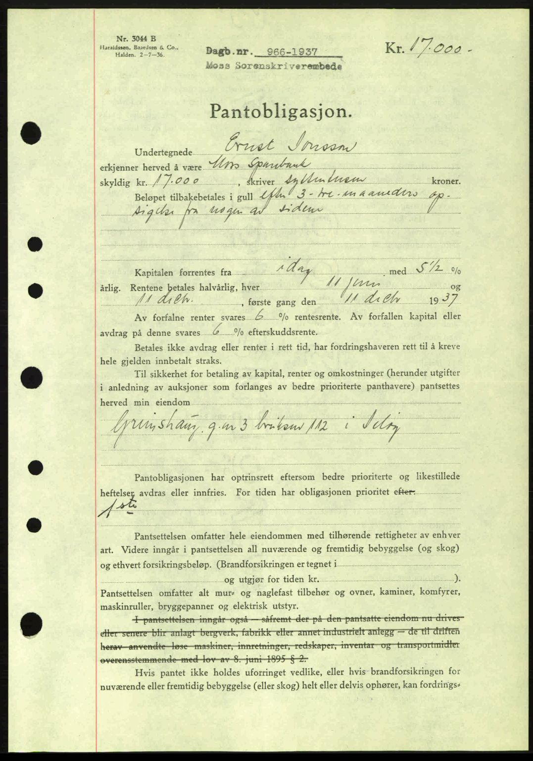 Moss sorenskriveri, SAO/A-10168: Pantebok nr. B3, 1937-1937, Dagboknr: 966/1937