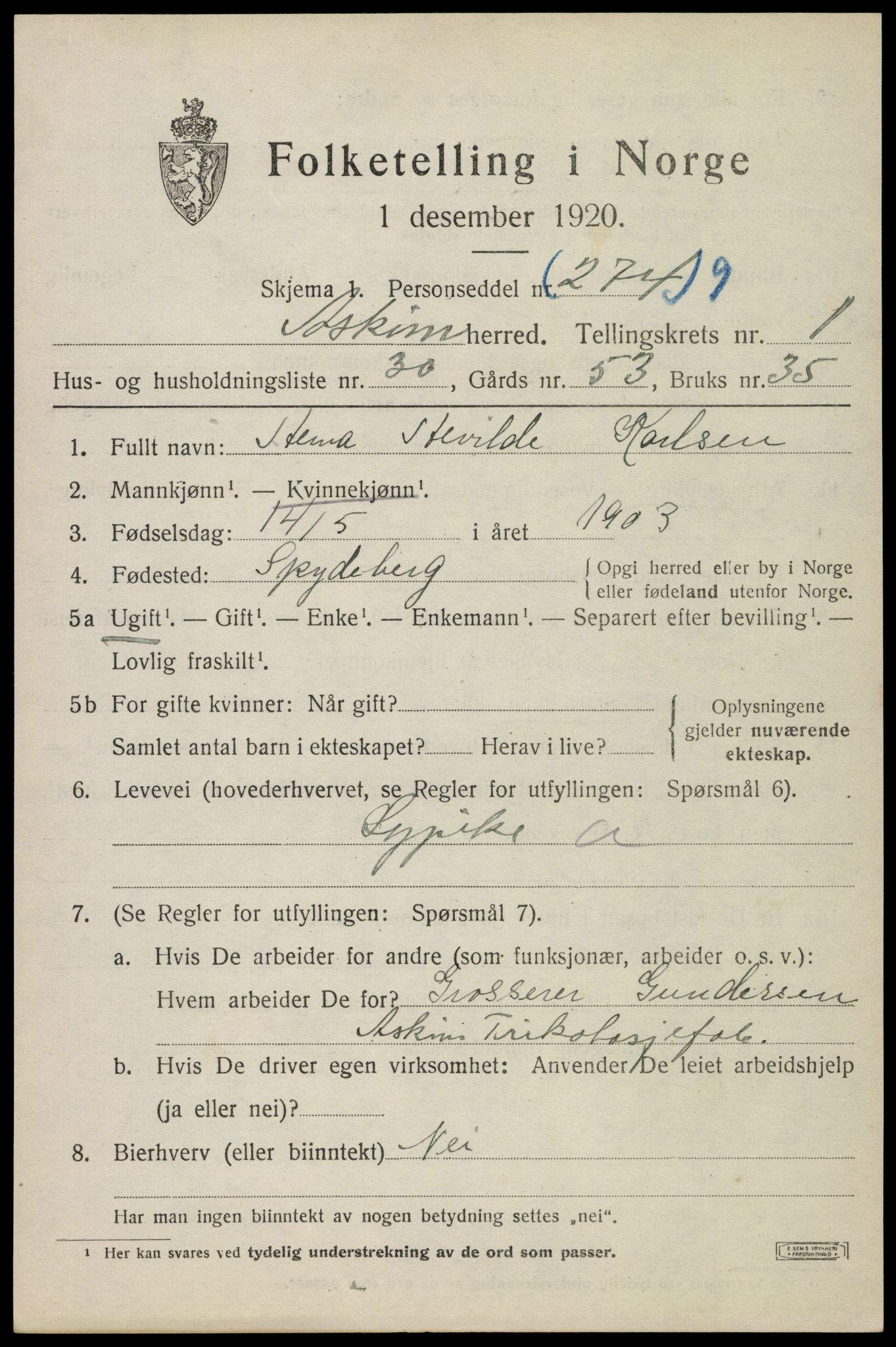 SAO, Folketelling 1920 for 0124 Askim herred, 1920, s. 1973
