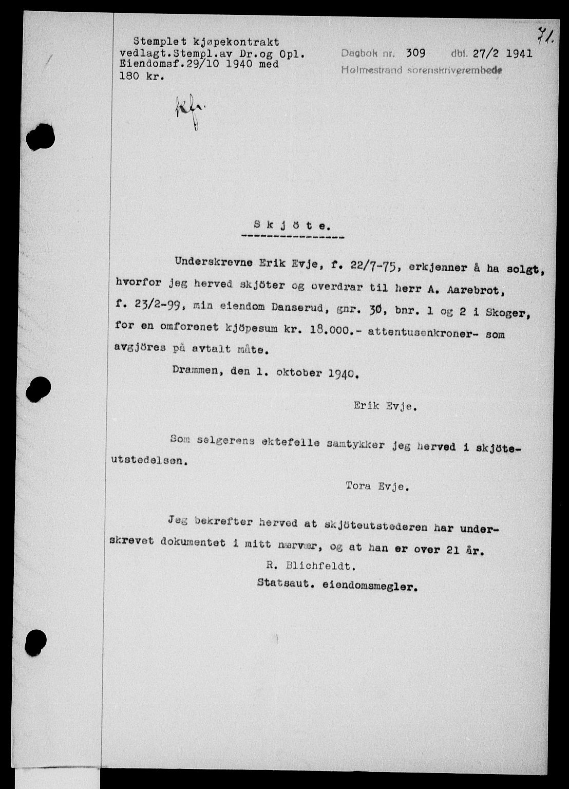 Holmestrand sorenskriveri, SAKO/A-67/G/Ga/Gaa/L0053: Pantebok nr. A-53, 1941-1941, Dagboknr: 309/1941