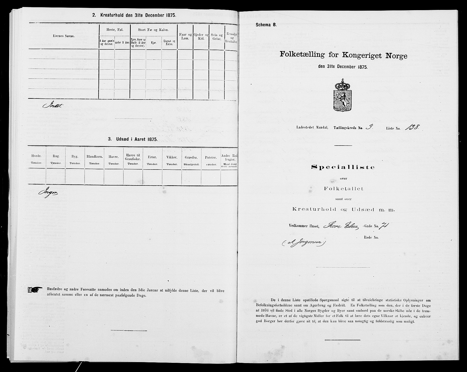 SAK, Folketelling 1875 for 1002B Mandal prestegjeld, Mandal ladested, 1875, s. 301