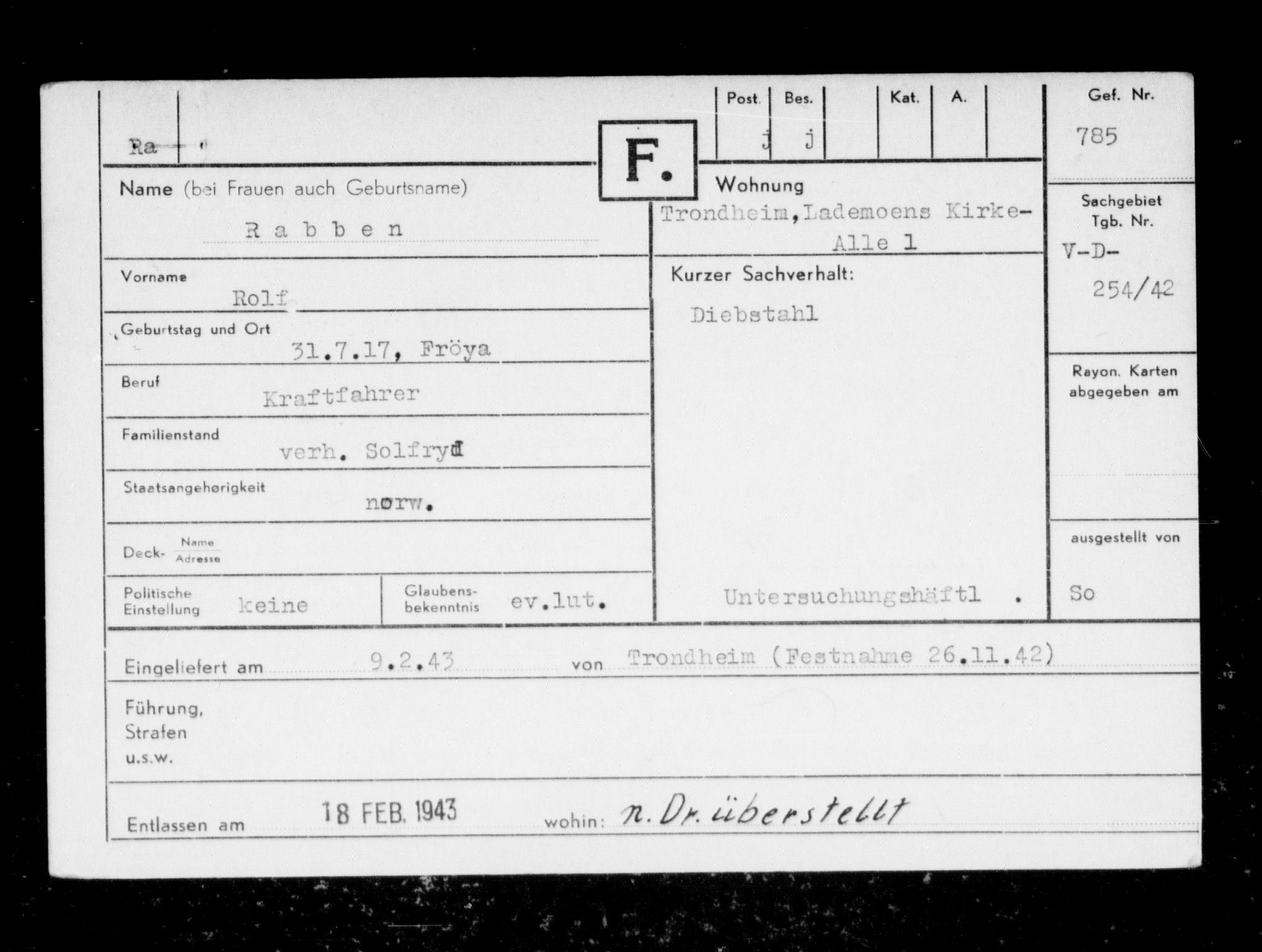 Befehlshaber der Sicherheitspolizei und des SD, RA/RAFA-5969/F/Fc/L0010: Fangeregister Falstad: R - Tølche og Tønseth, 1941-1945