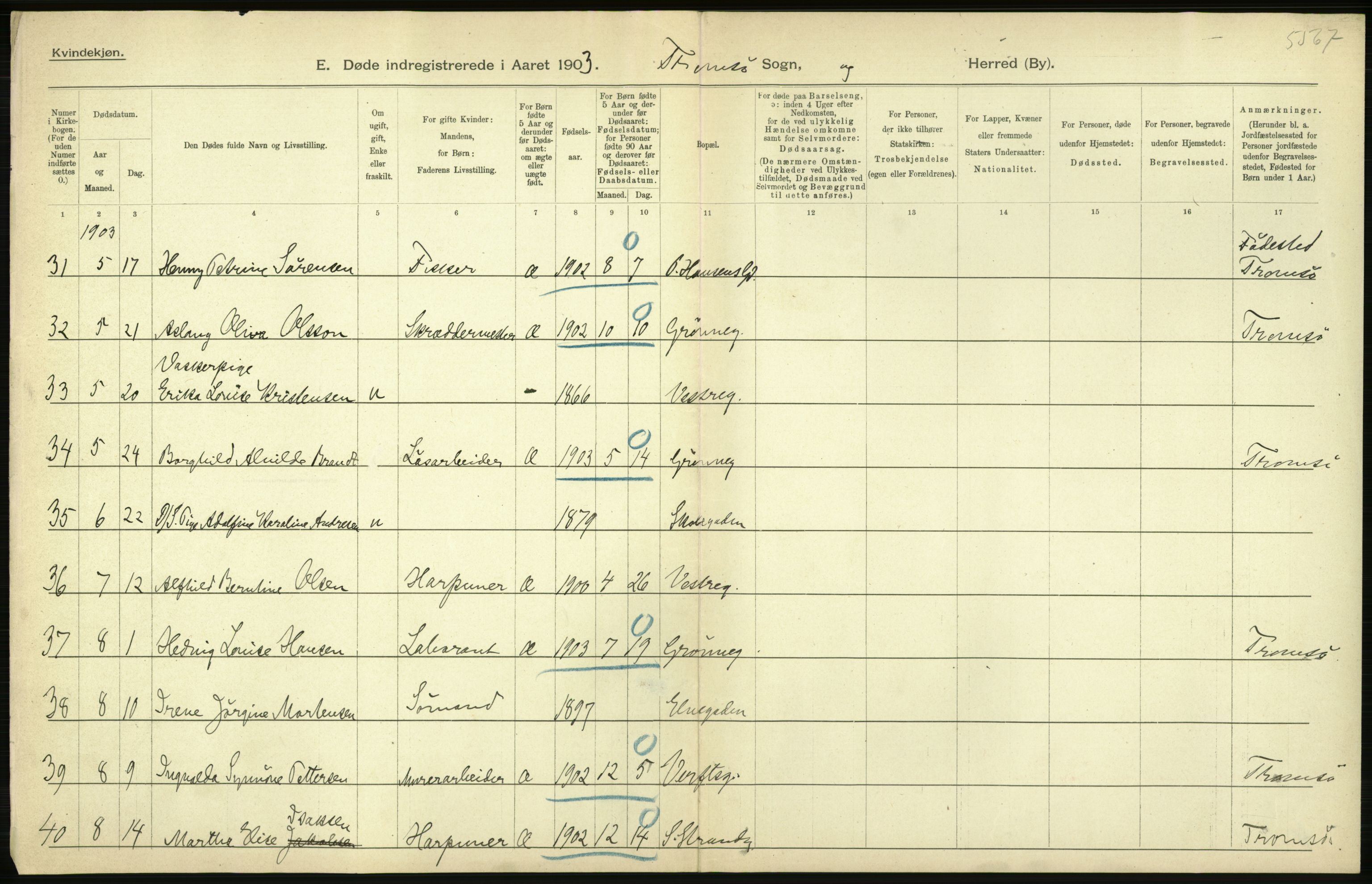 Statistisk sentralbyrå, Sosiodemografiske emner, Befolkning, AV/RA-S-2228/D/Df/Dfa/Dfaa/L0021: Tromsø amt: Fødte, gifte, døde., 1903, s. 534