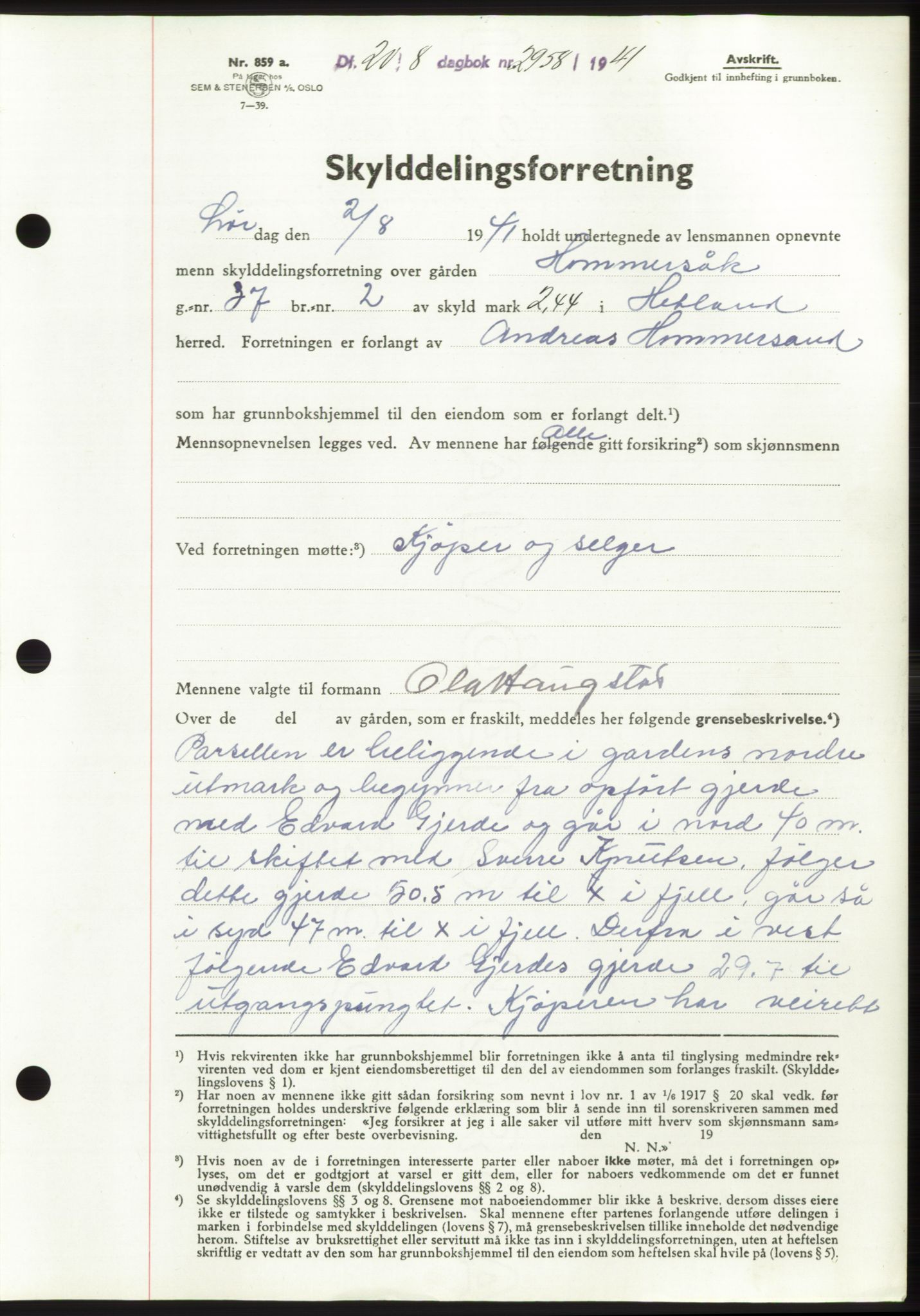 Jæren sorenskriveri, SAST/A-100310/03/G/Gba/L0080: Pantebok, 1941-1941, Dagboknr: 2958/1941